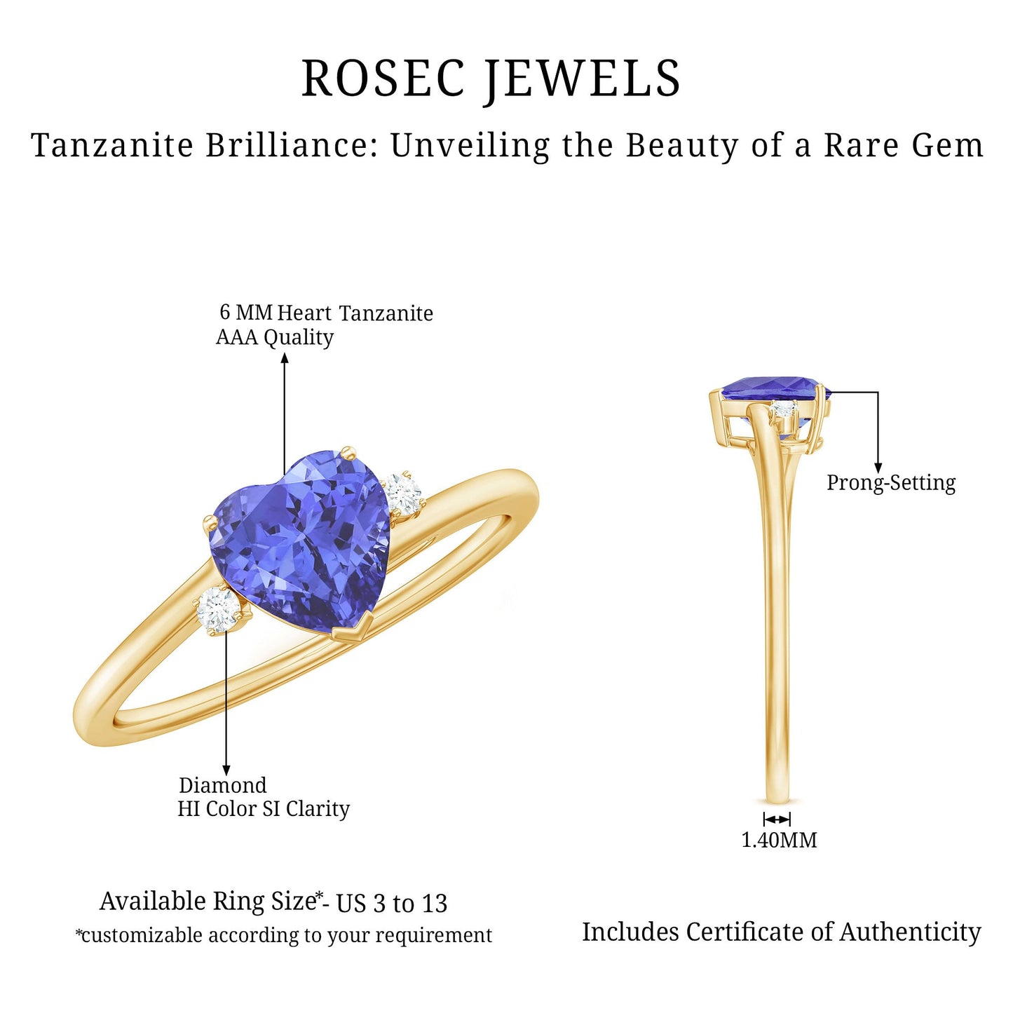 Certified Real Tanzanite Heart Promise Ring with Diamond