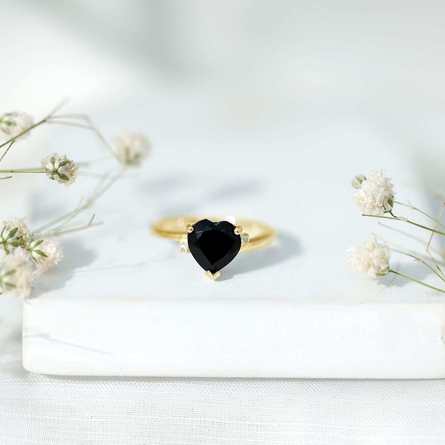 Heart Shaped Black Onyx Engagement Ring with Diamonds