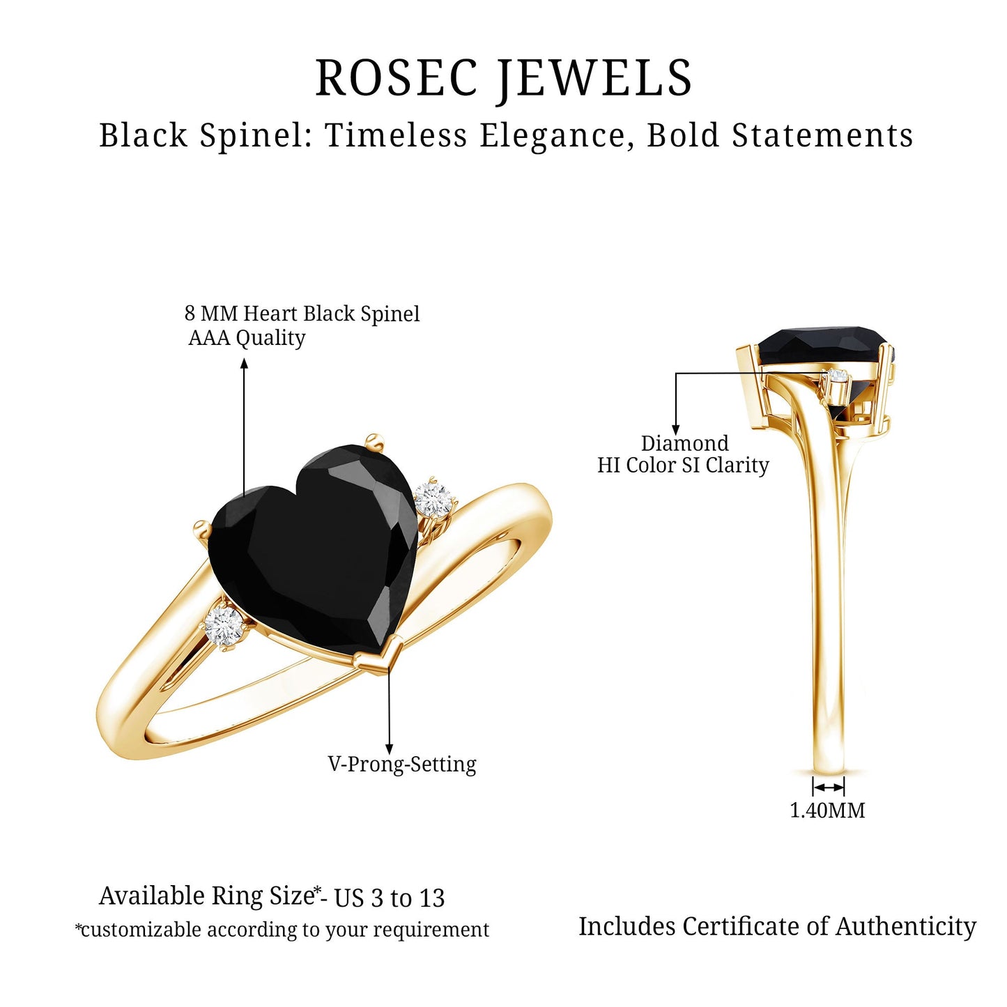 2 Carat Heart Shape Black Spinel Solitaire Engagement Ring