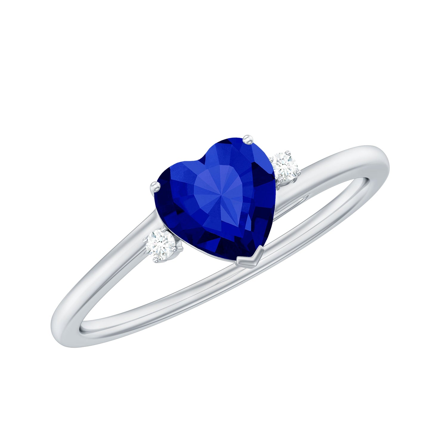 Heart Shape Created Blue Sapphire Solitaire Engagement Ring with Diamond