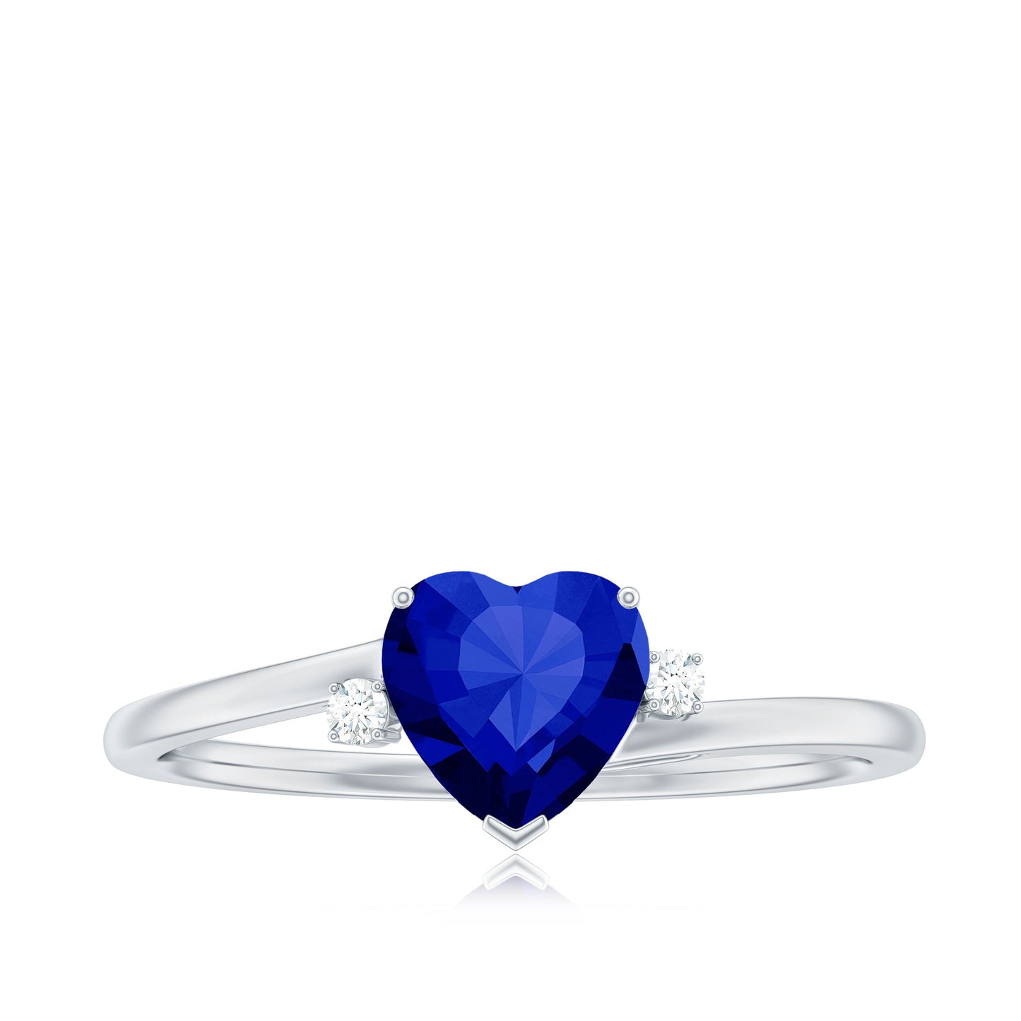 Heart Shape Created Blue Sapphire Solitaire Engagement Ring with Diamond
