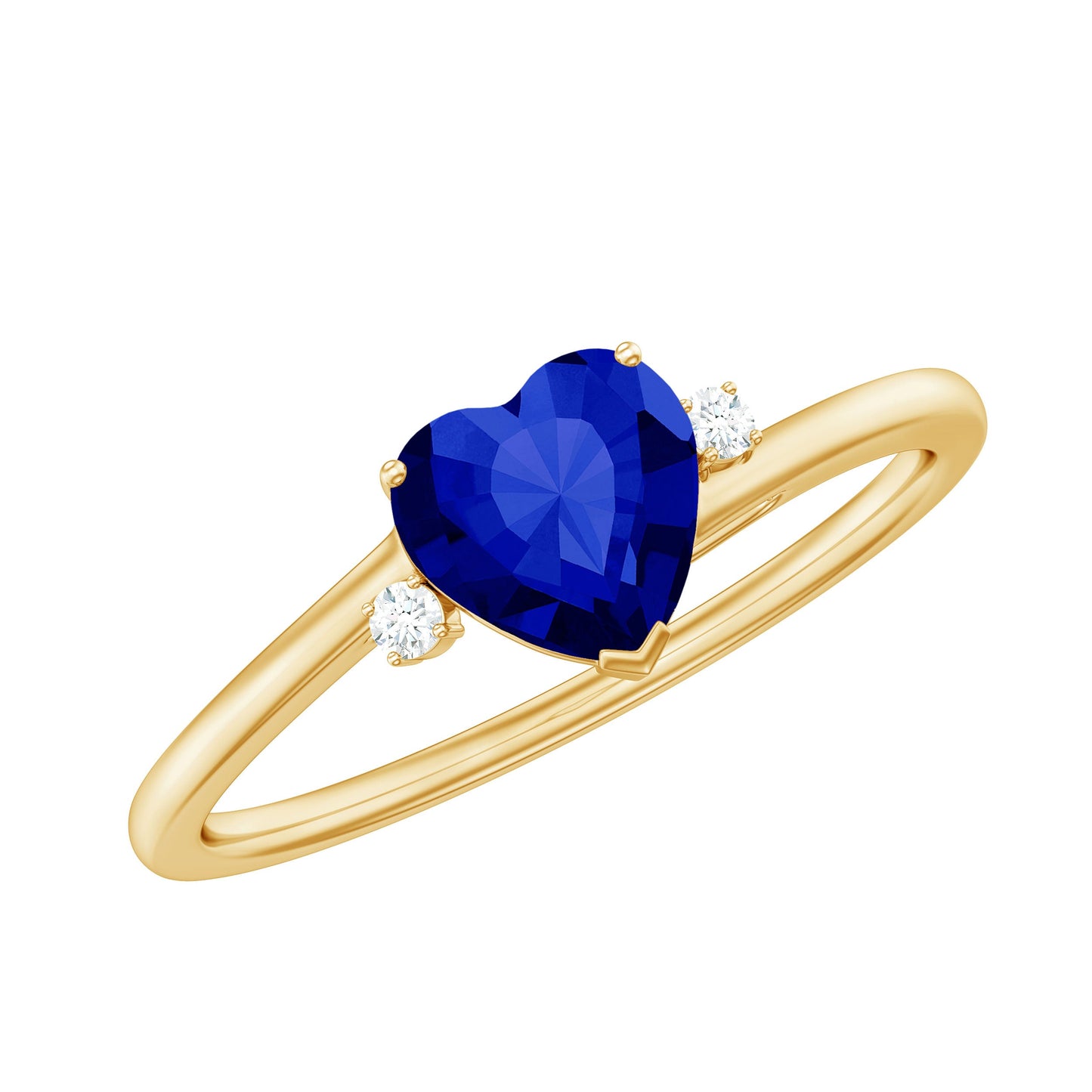 Heart Shape Created Blue Sapphire Solitaire Engagement Ring with Diamond
