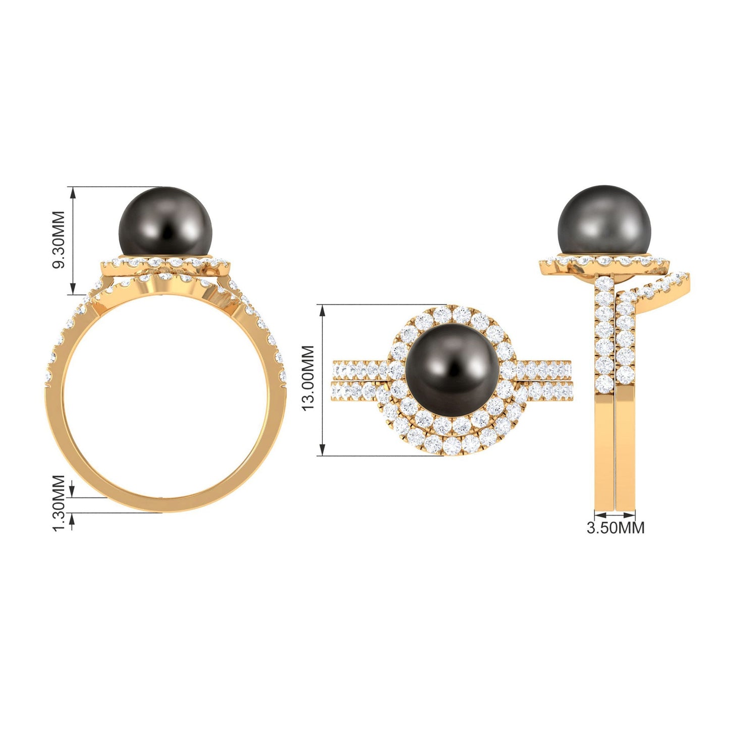 7.5 Carat Tahitian Pearl and Diamond Halo Wedding Ring Set