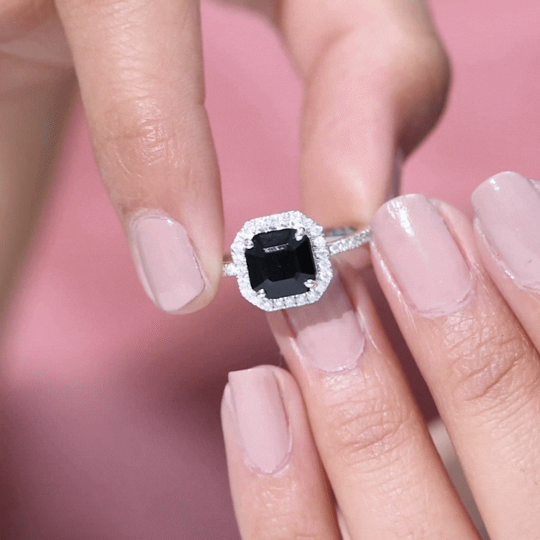 Certified Asscher Cut Black Onyx and Diamond Engagement Ring