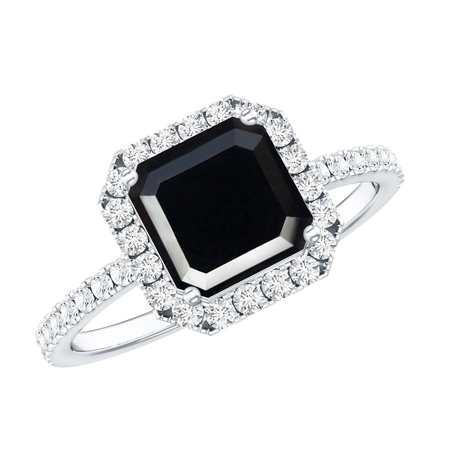 Certified Asscher Cut Black Onyx and Diamond Engagement Ring