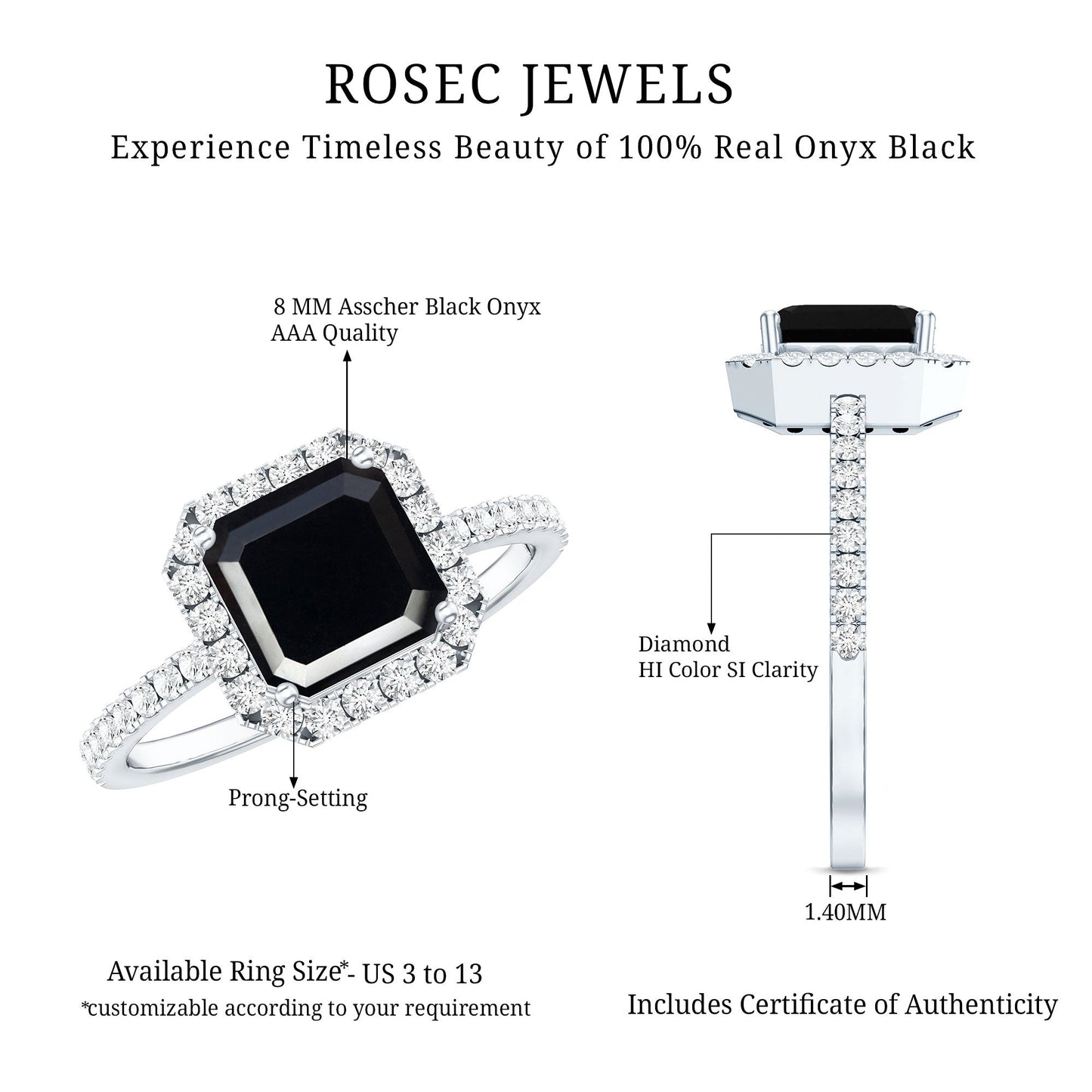Certified Asscher Cut Black Onyx and Diamond Engagement Ring