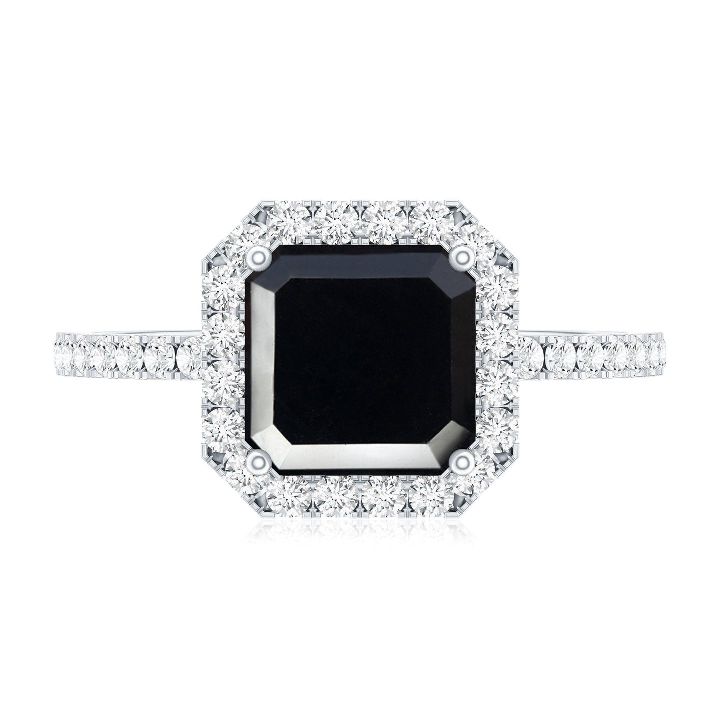 Certified Asscher Cut Black Onyx and Diamond Engagement Ring