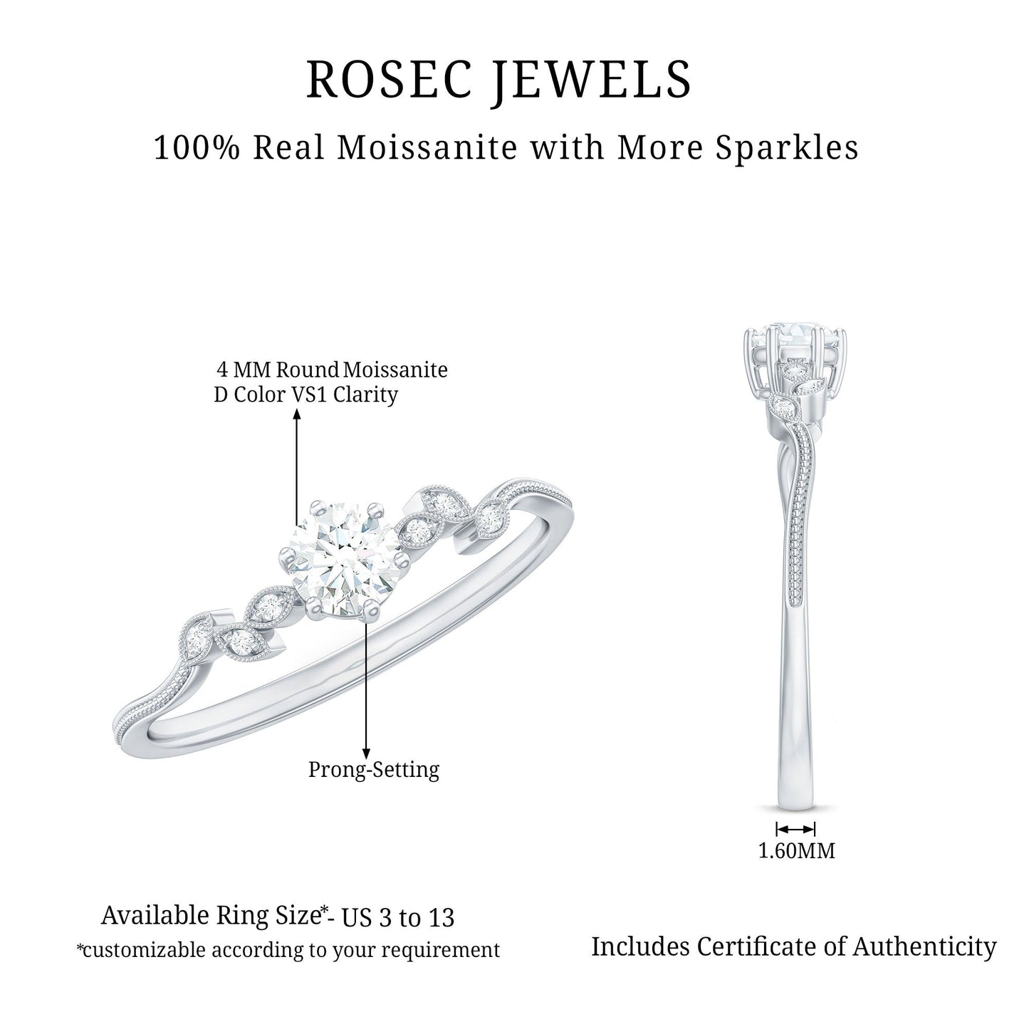 Minimalist Moissanite Leaf Promise Ring with Beaded Detail