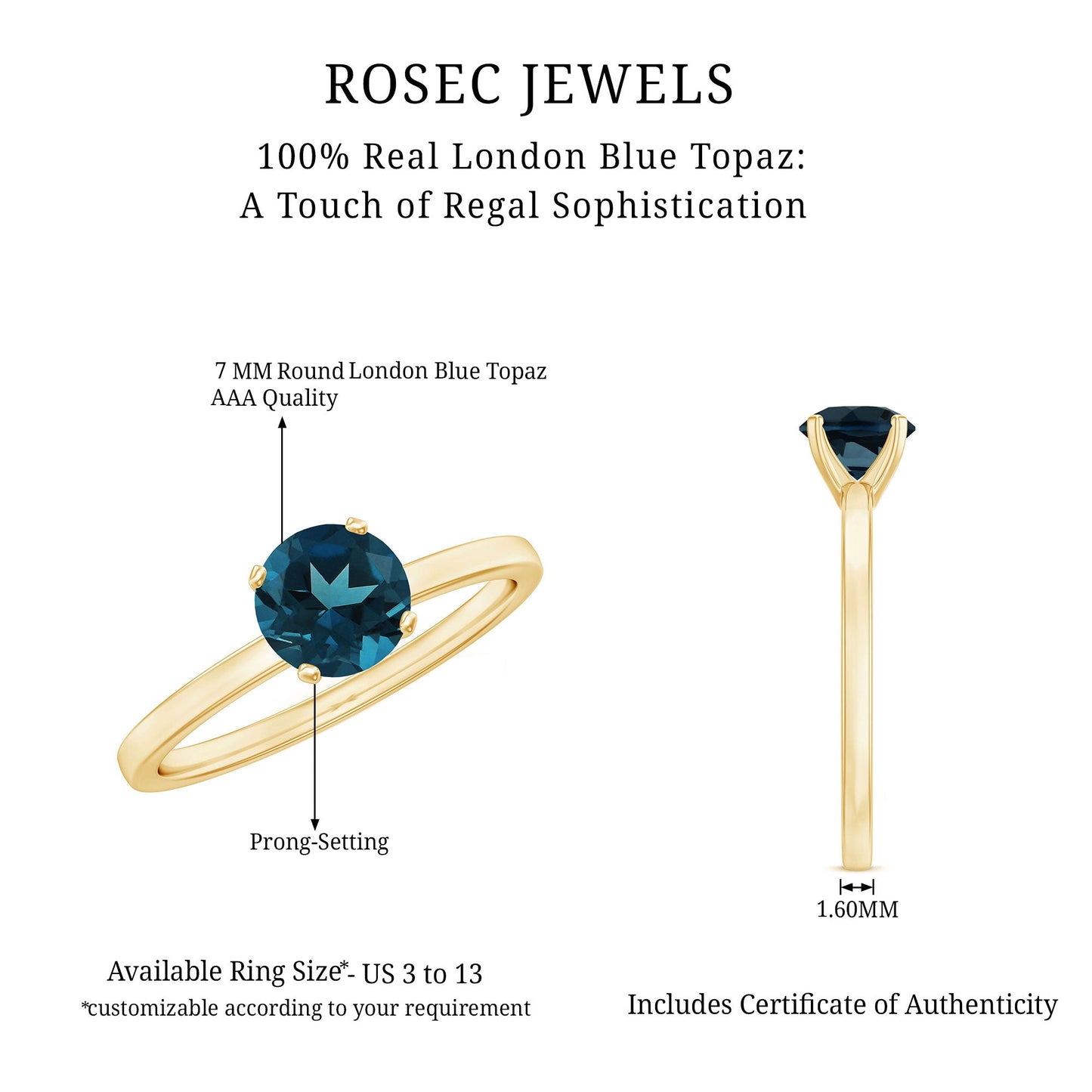 1.3 Carat Round London Blue Topaz Solitaire Ring With Certificate