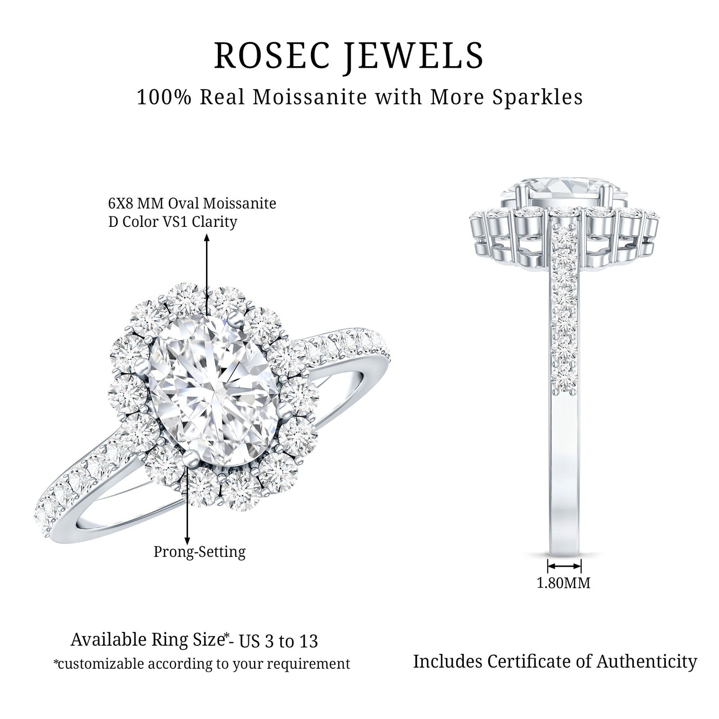 Certified 1.2 Carat Moissanite Oval Halo Engagement Ring for Women