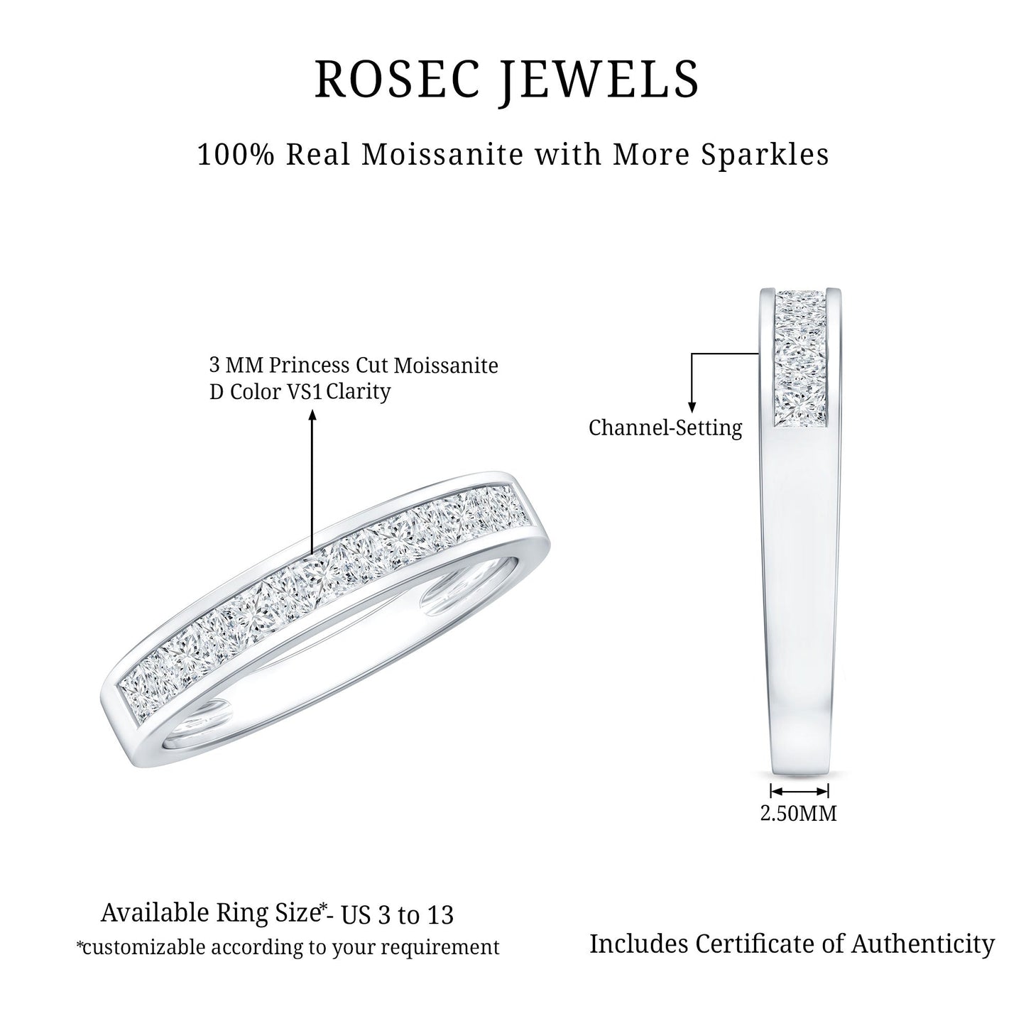 Princess Cut Moissanite Half Eternity Band in Channel Setting