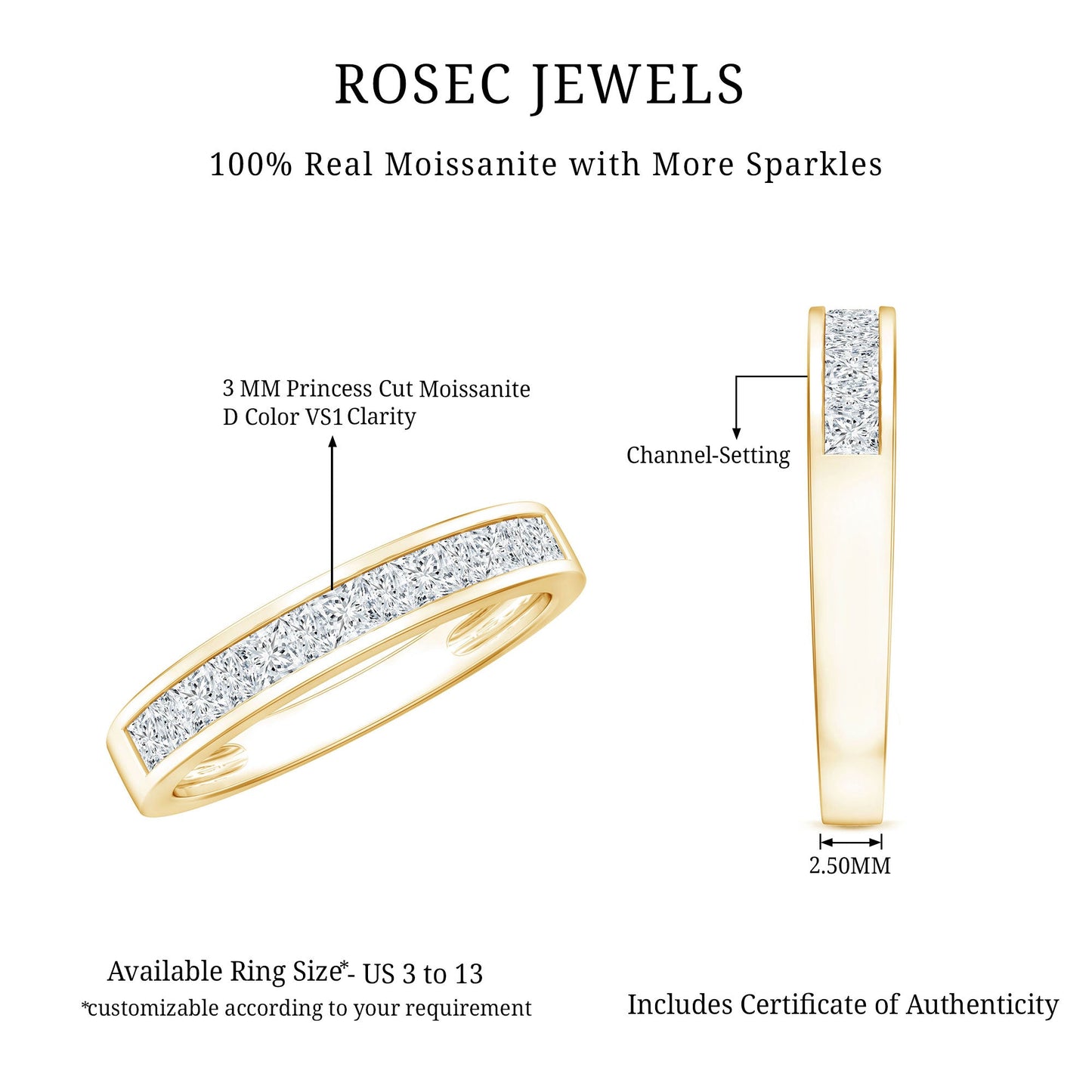 Princess Cut Moissanite Half Eternity Band in Channel Setting