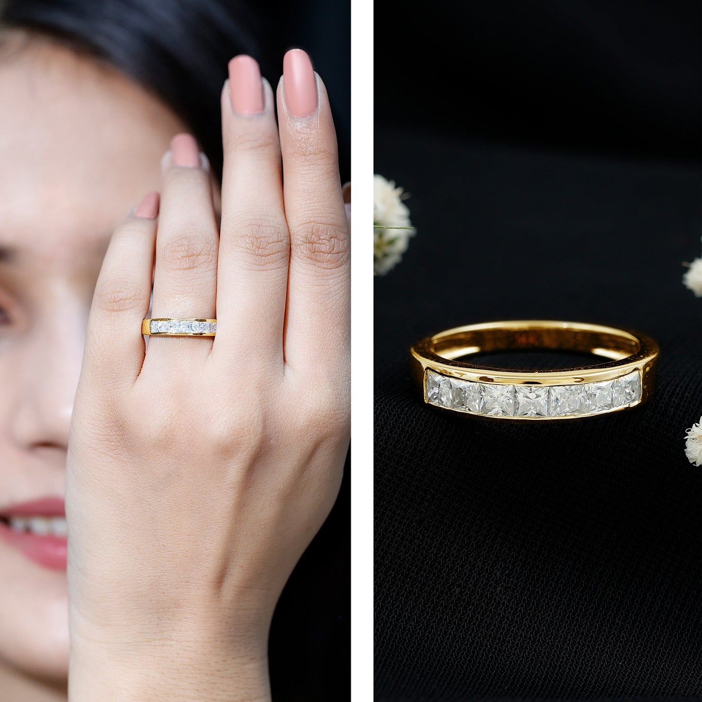 Princess Cut Moissanite Half Eternity Band in Channel Setting