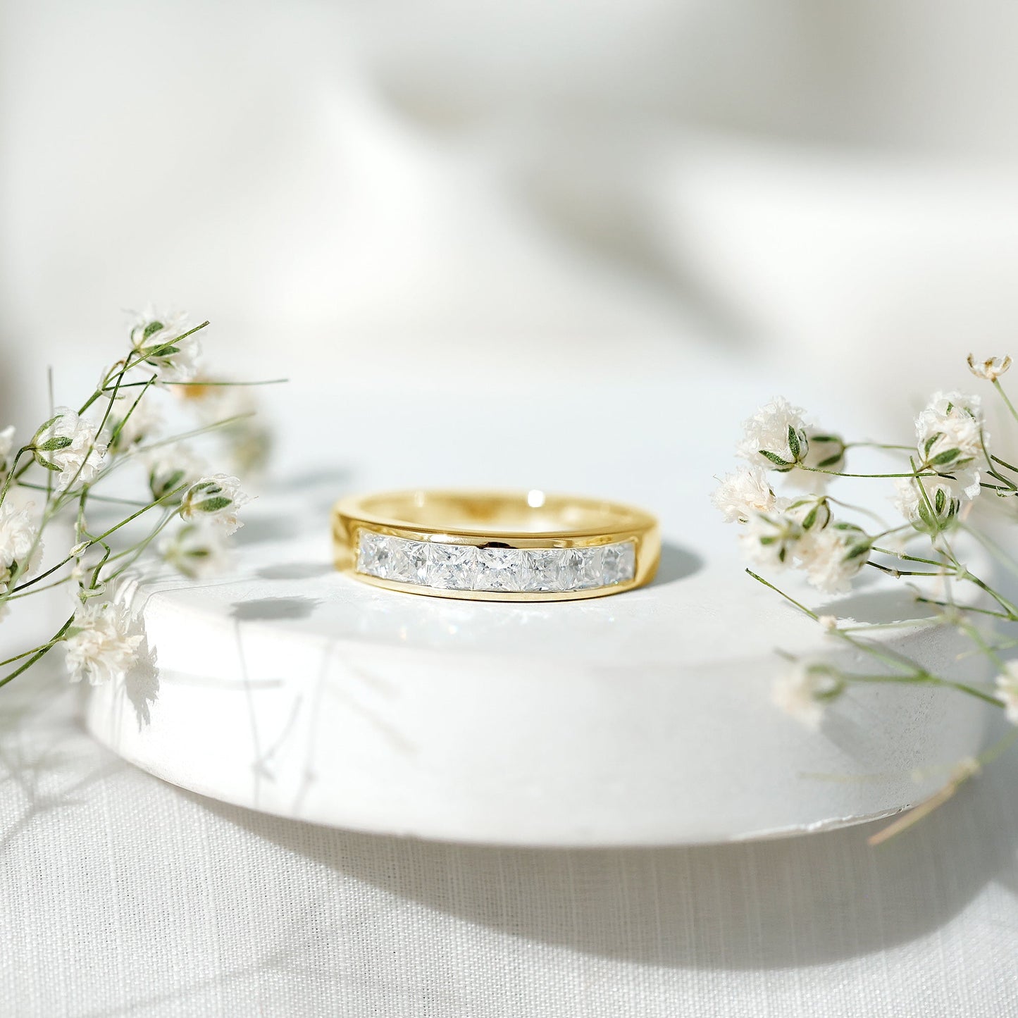 Princess Cut Moissanite Half Eternity Band in Channel Setting