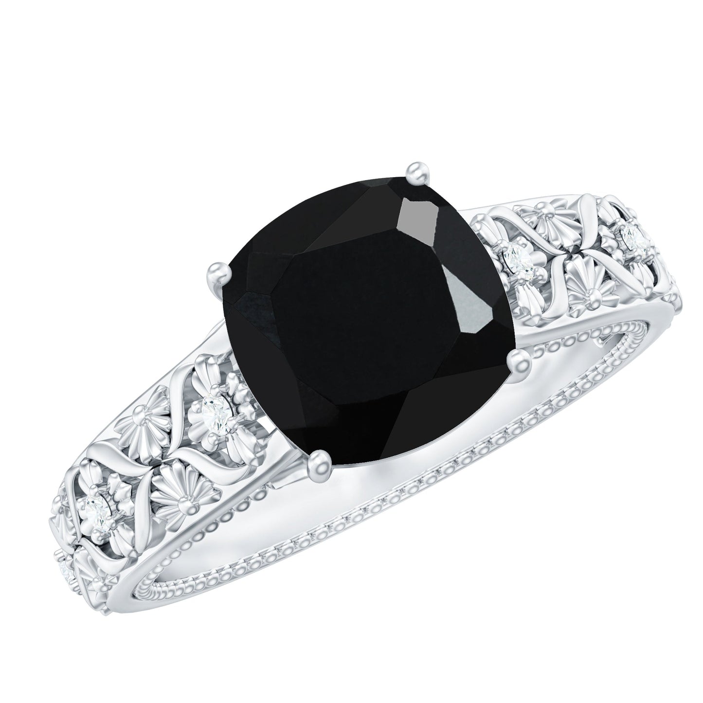 Cushion Cut 2.8 Carat Lab Grown Black Diamond Vintage Engagement Ring with White Diamond