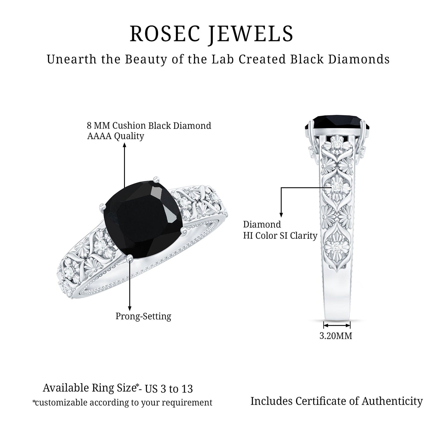 Cushion Cut 2.8 Carat Lab Grown Black Diamond Vintage Engagement Ring with White Diamond