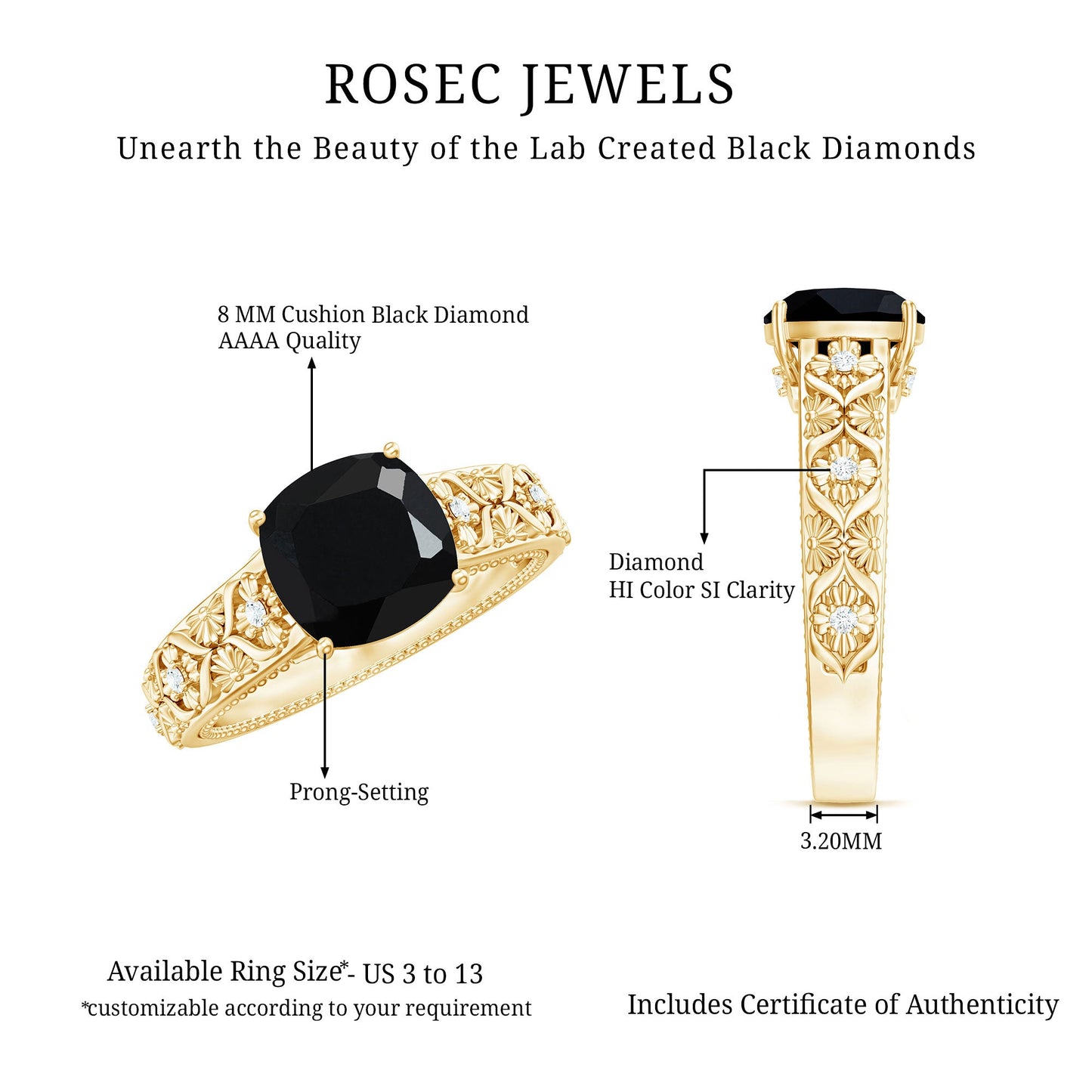 Cushion Cut 2.8 Carat Lab Grown Black Diamond Vintage Engagement Ring with White Diamond