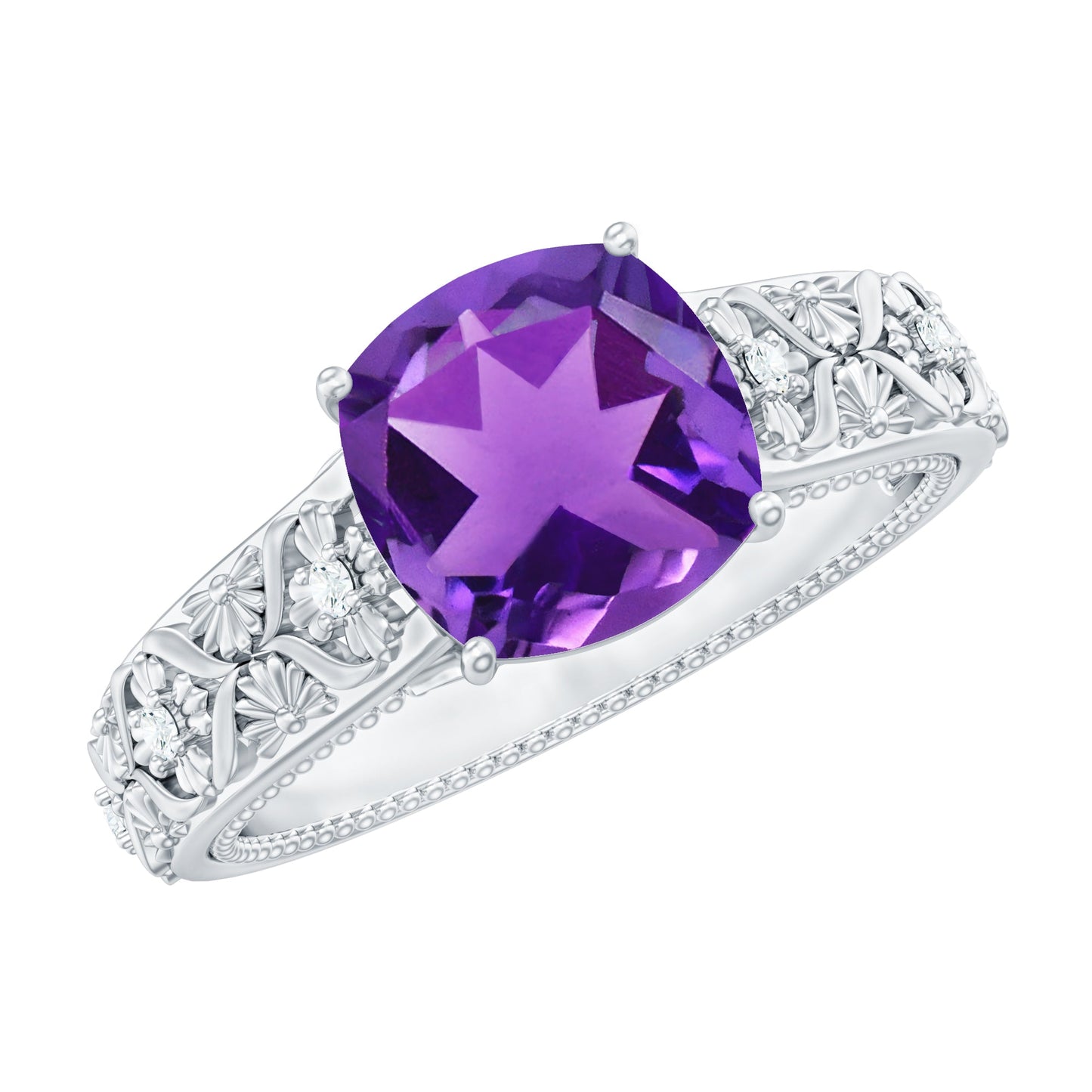Vintage Inspired 2 Carat Amethyst Cushion Cut Engagement Ring with Diamond