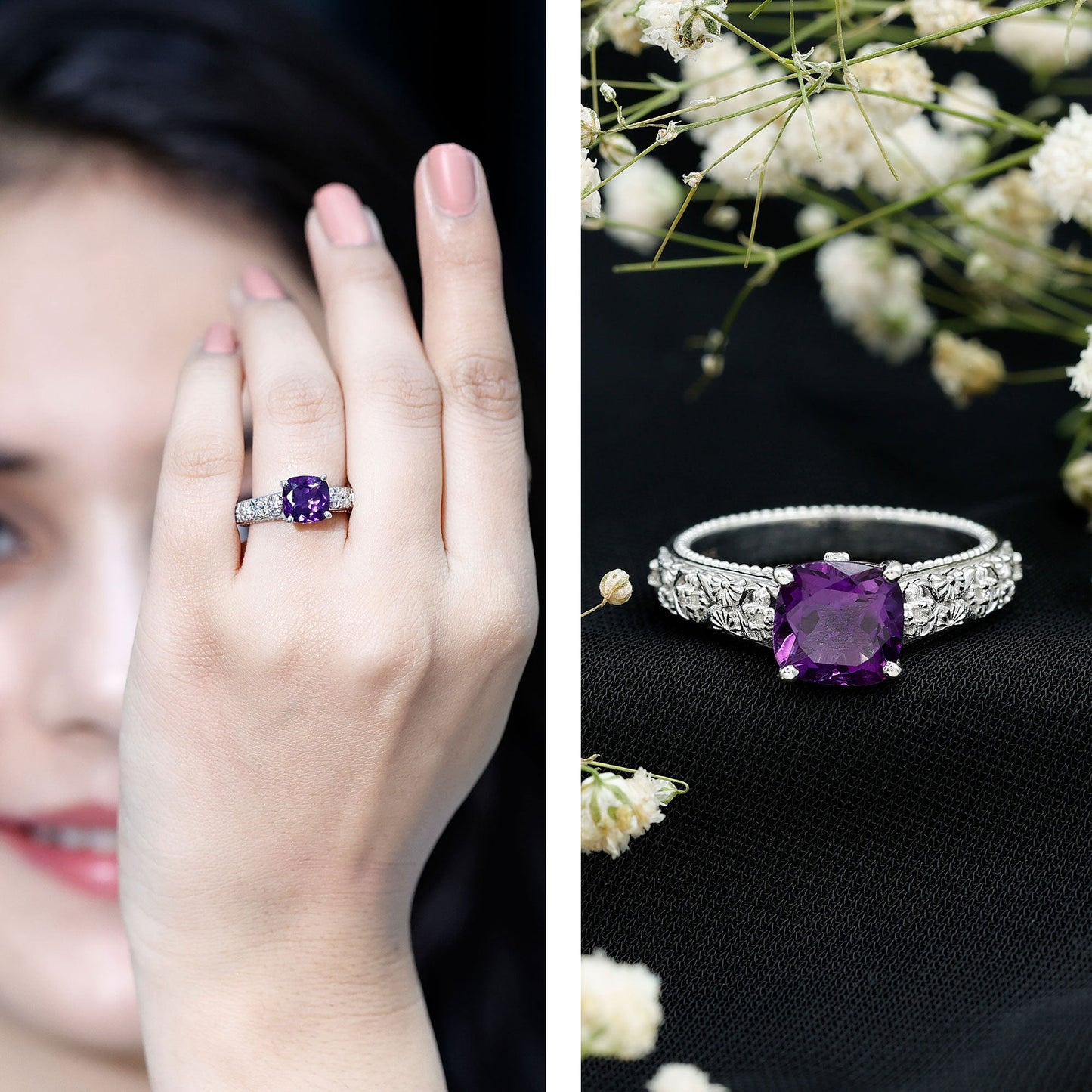 Vintage Inspired 2 Carat Amethyst Cushion Cut Engagement Ring with Diamond