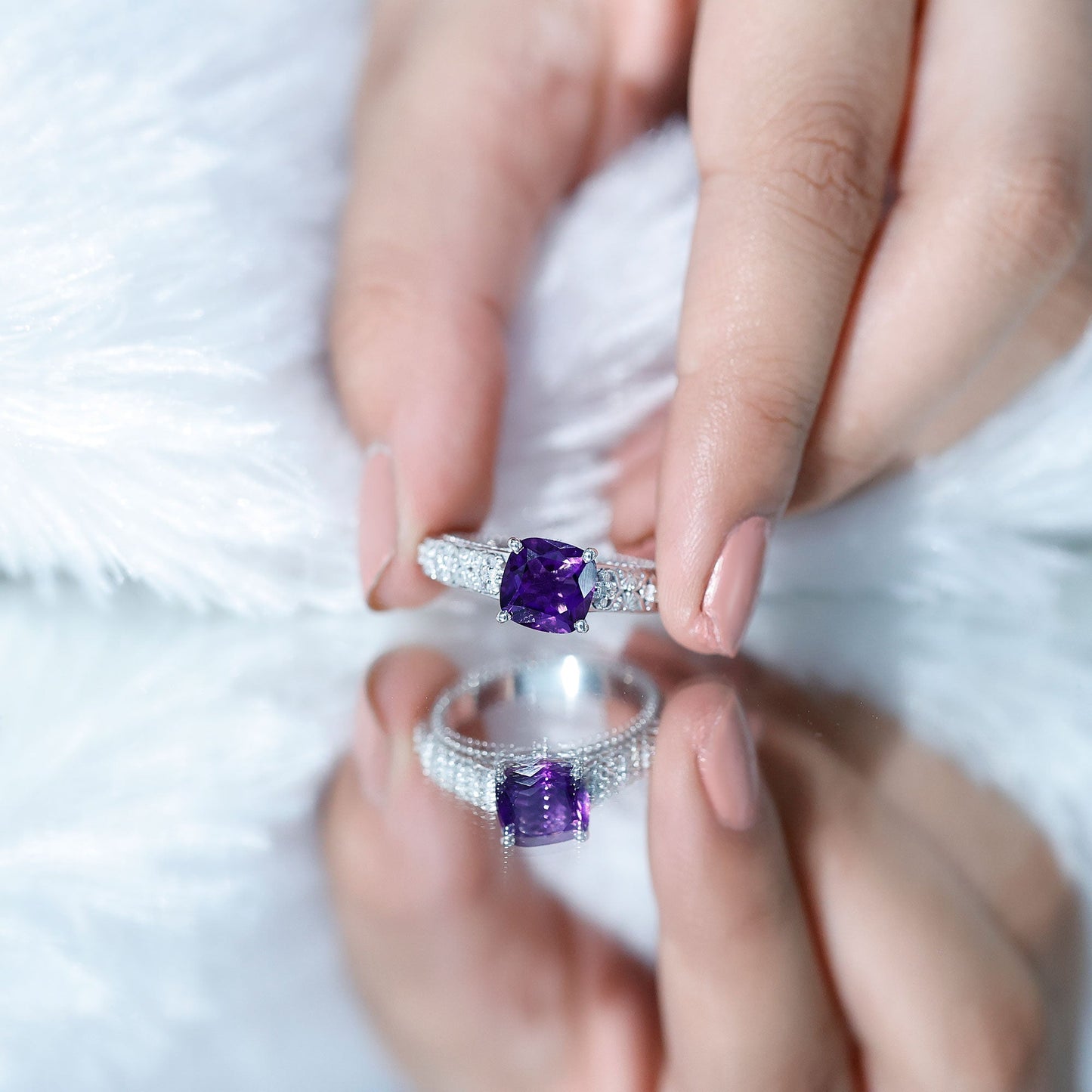 Vintage Inspired 2 Carat Amethyst Cushion Cut Engagement Ring with Diamond