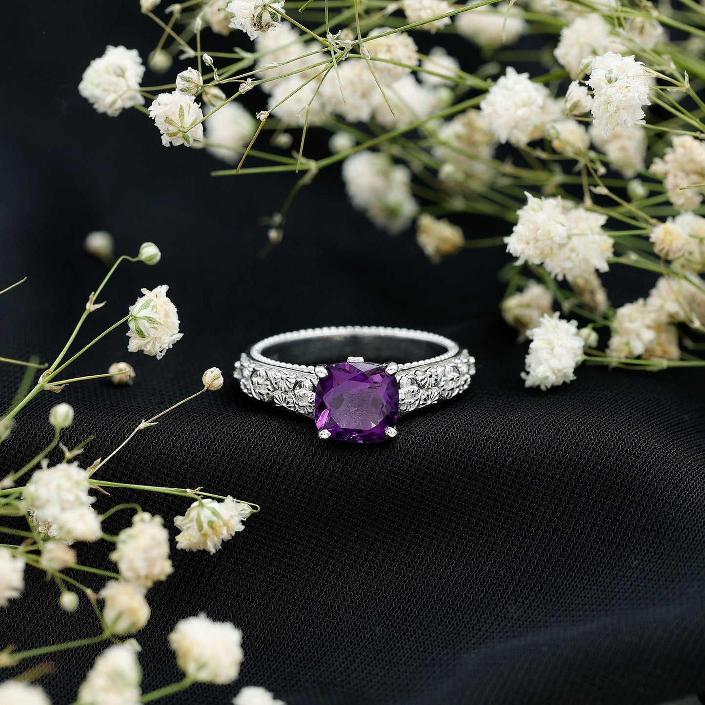 Vintage Inspired 2 Carat Amethyst Cushion Cut Engagement Ring with Diamond