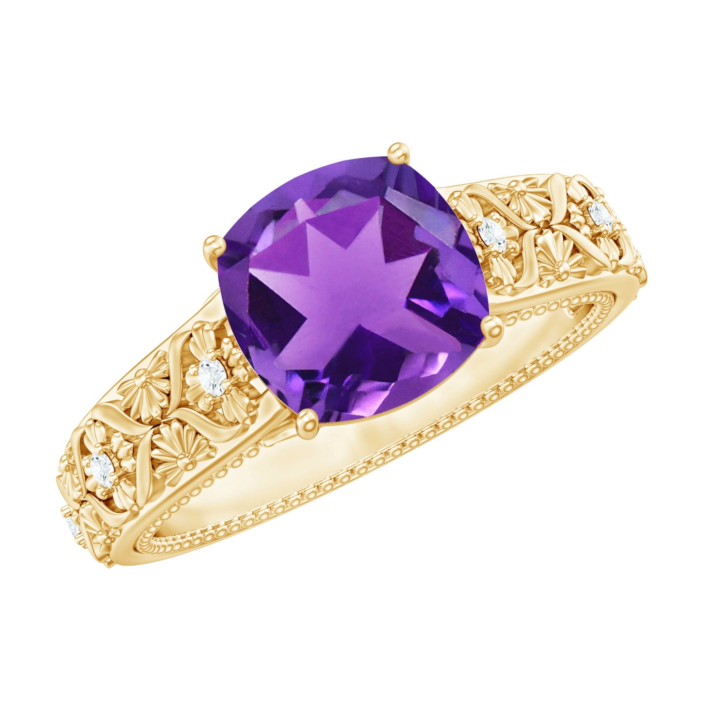 Vintage Inspired 2 Carat Amethyst Cushion Cut Engagement Ring with Diamond