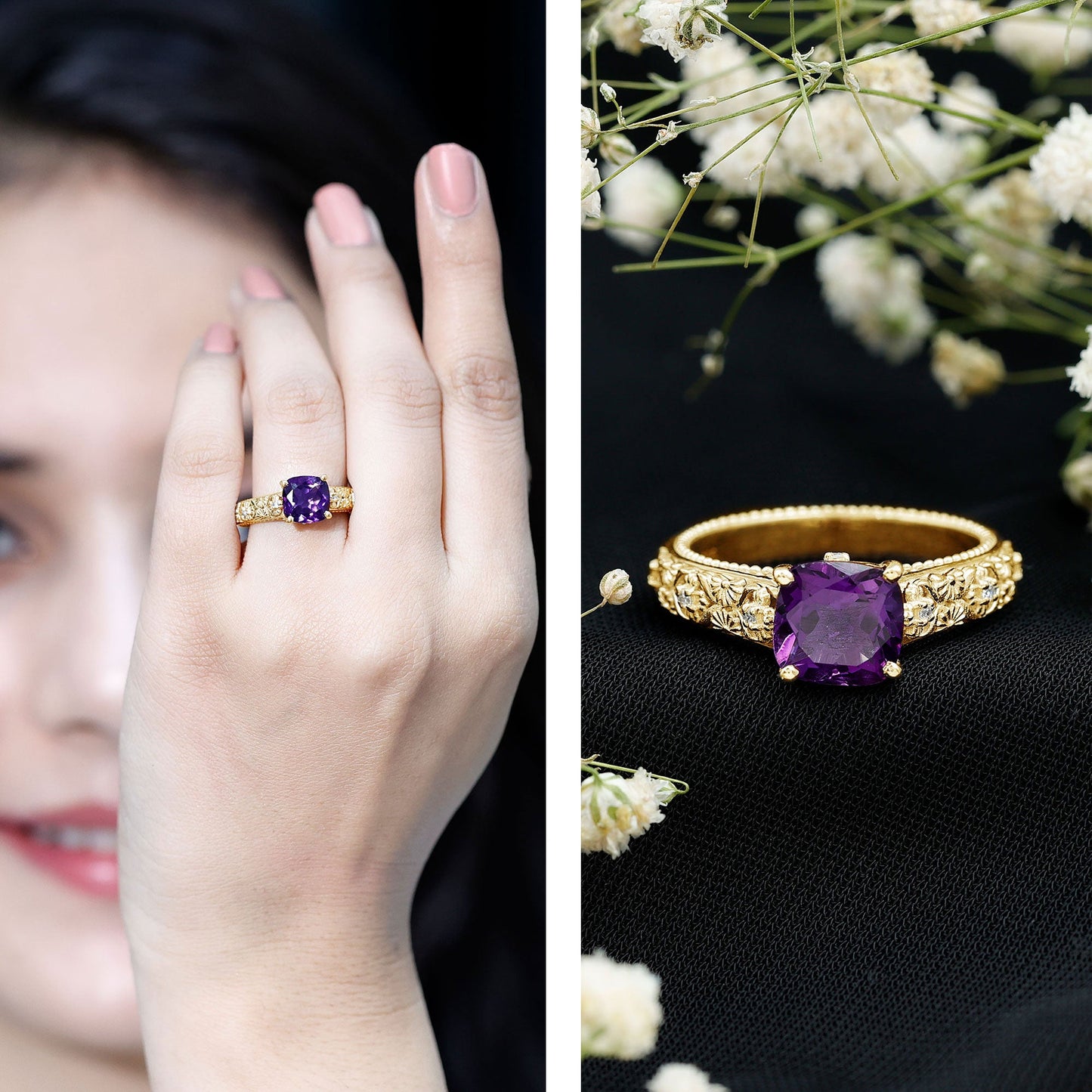 Vintage Inspired 2 Carat Amethyst Cushion Cut Engagement Ring with Diamond