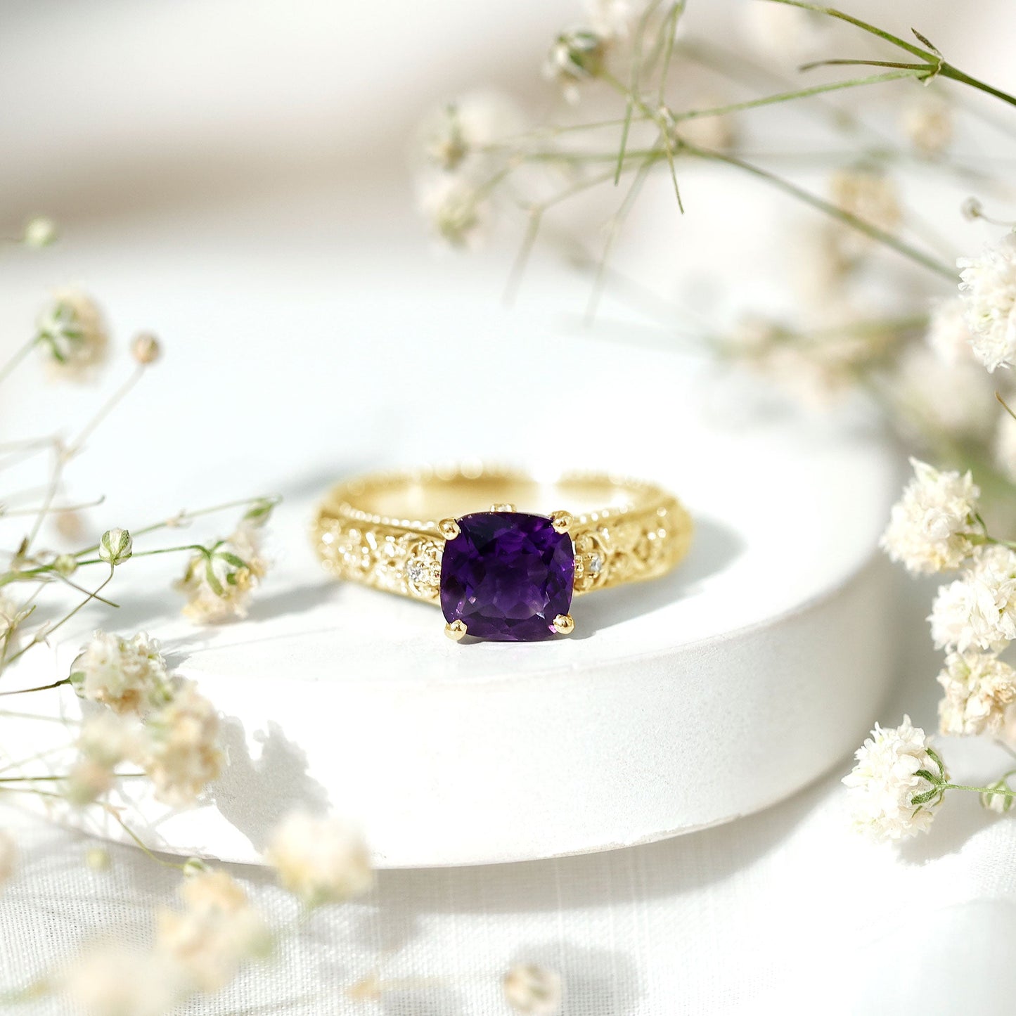 Vintage Inspired 2 Carat Amethyst Cushion Cut Engagement Ring with Diamond