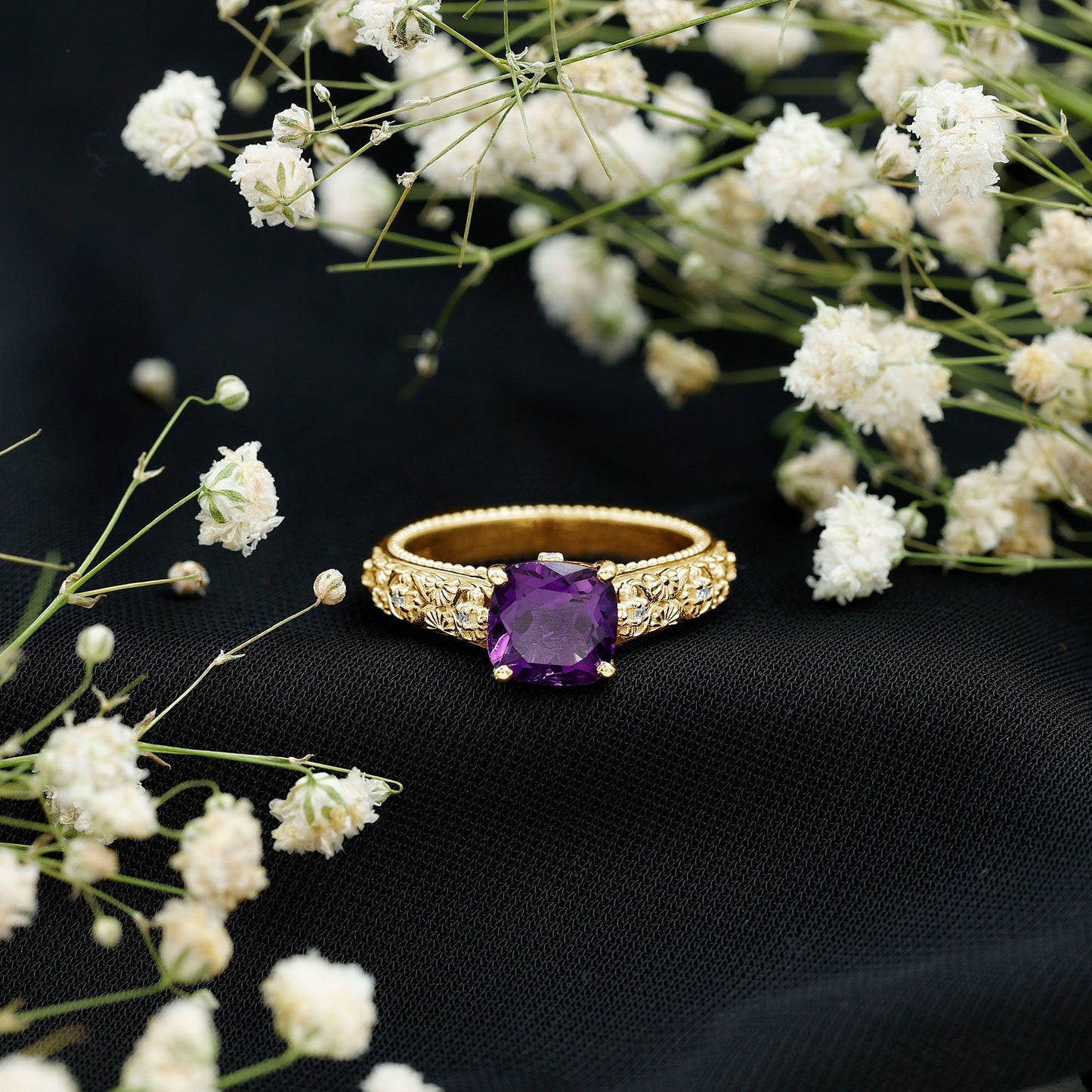 Vintage Inspired 2 Carat Amethyst Cushion Cut Engagement Ring with Diamond