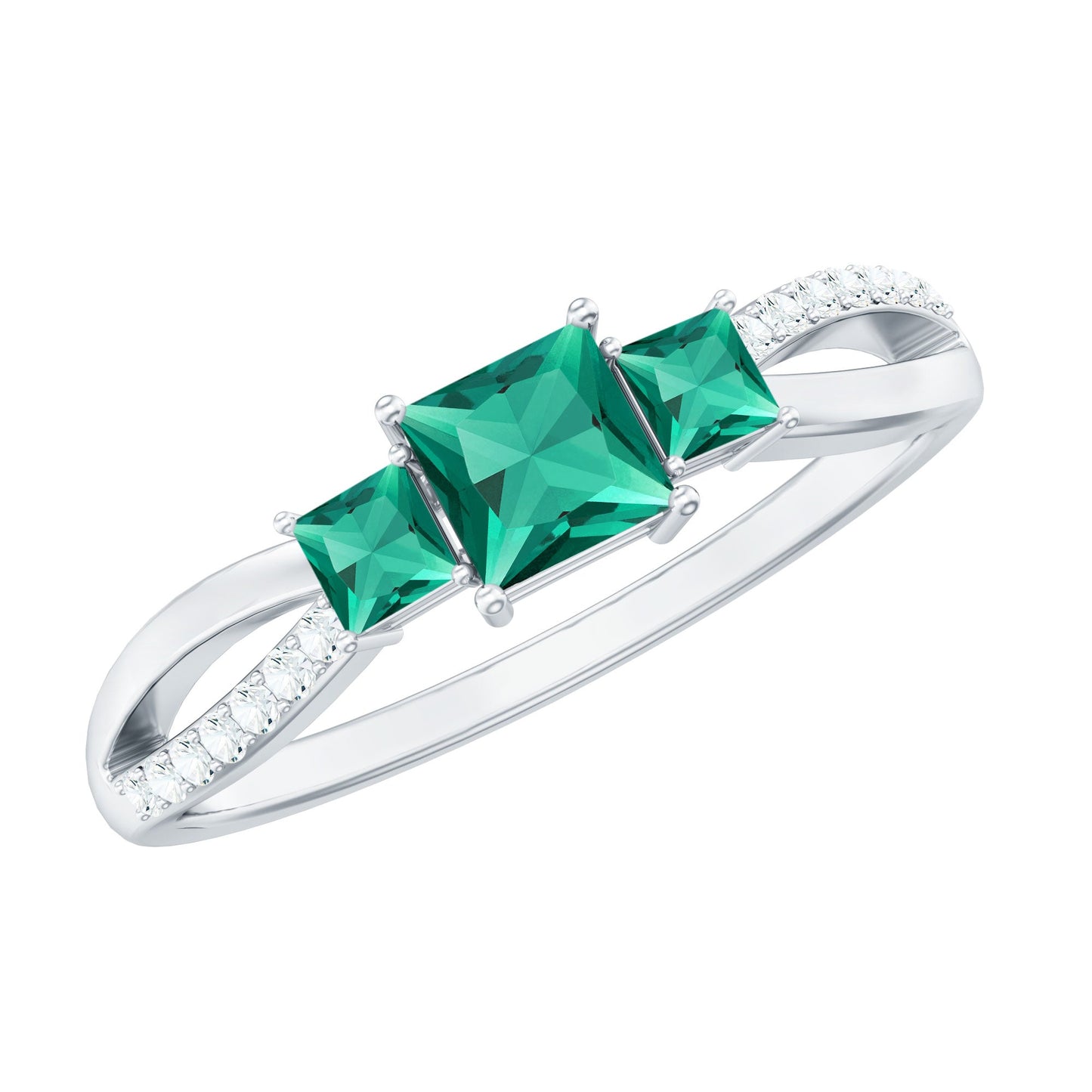 Certified Princess Cut Lab Grown Emerald 3 Stone Promise Ring with Diamond