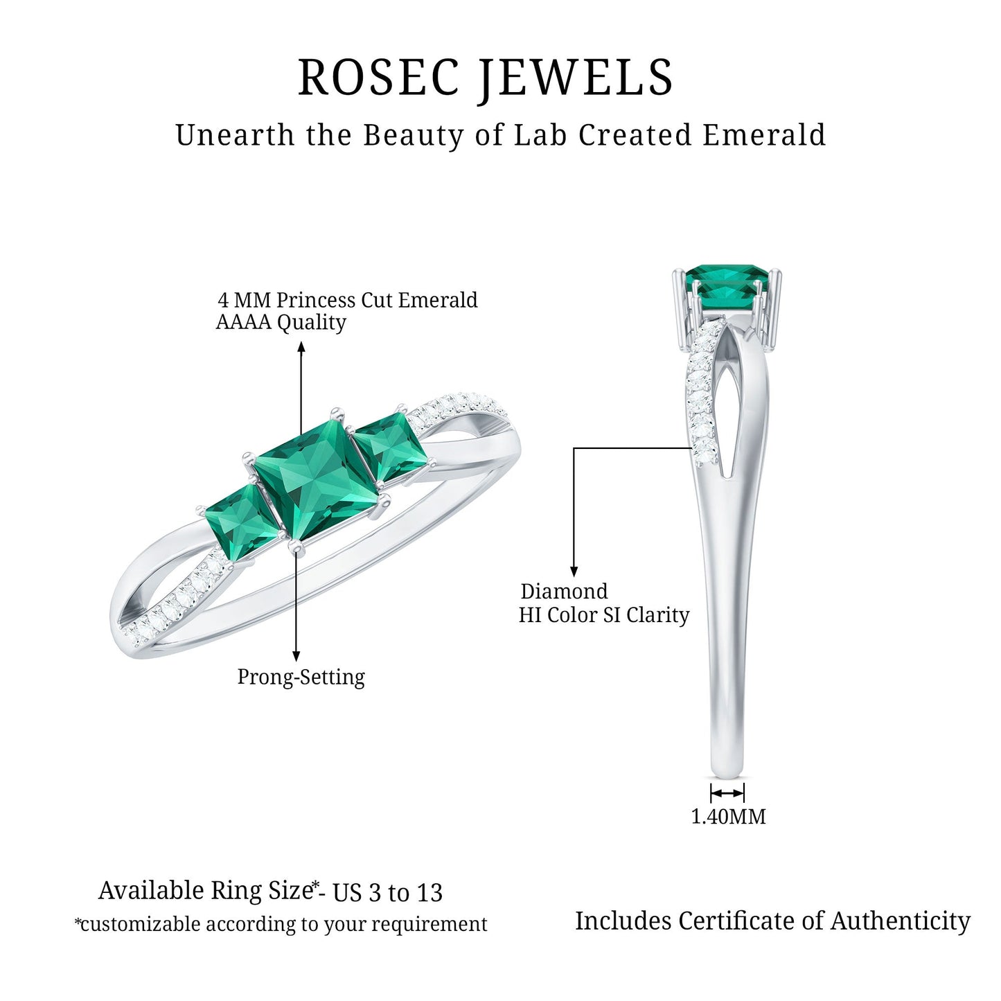 Certified Princess Cut Lab Grown Emerald 3 Stone Promise Ring with Diamond