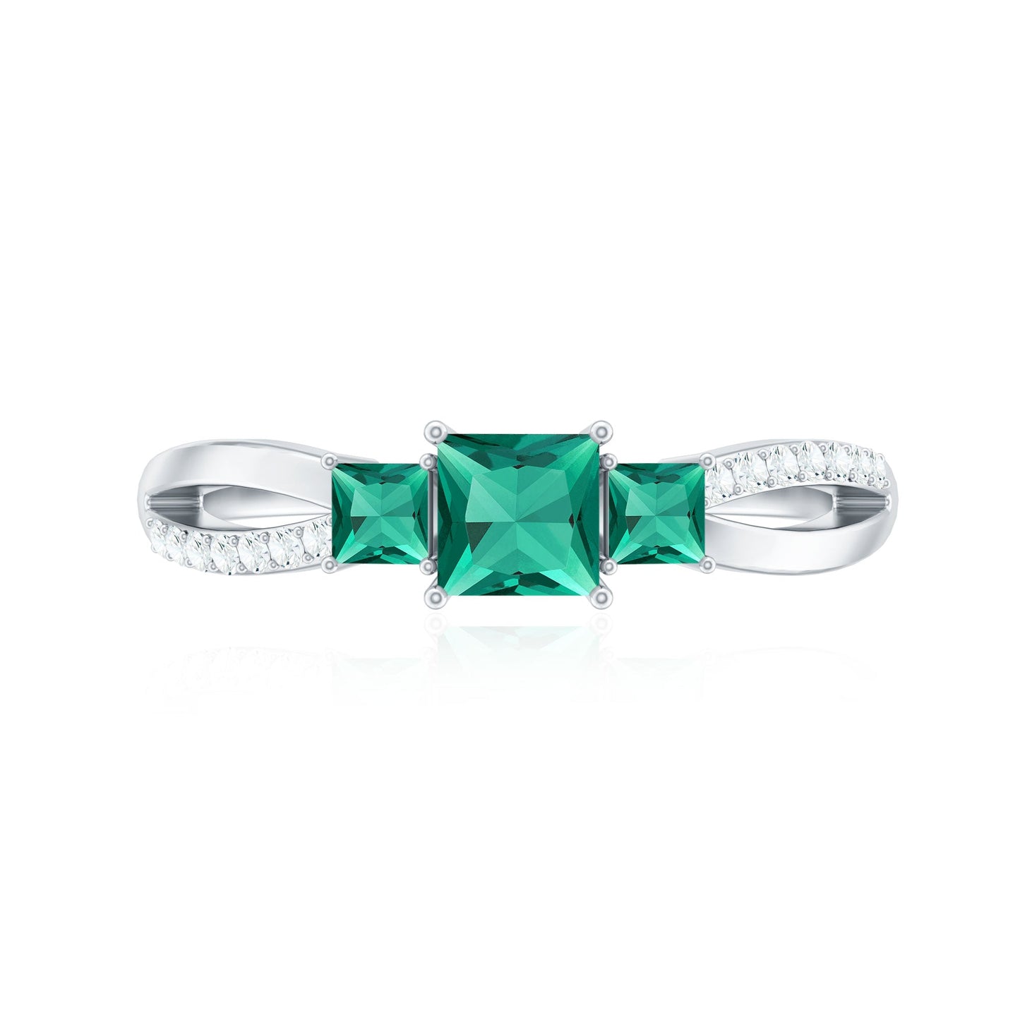 Certified Princess Cut Lab Grown Emerald 3 Stone Promise Ring with Diamond
