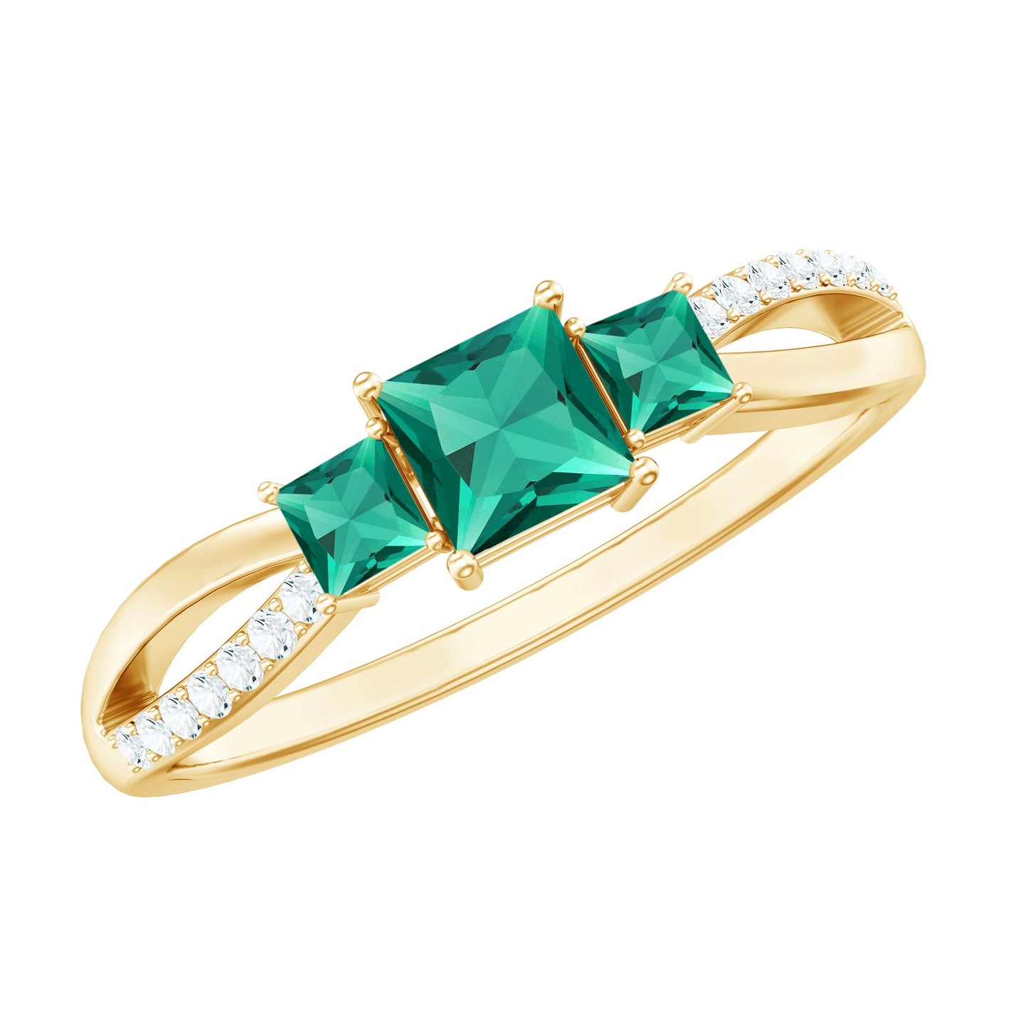 Certified Princess Cut Lab Grown Emerald 3 Stone Promise Ring with Diamond