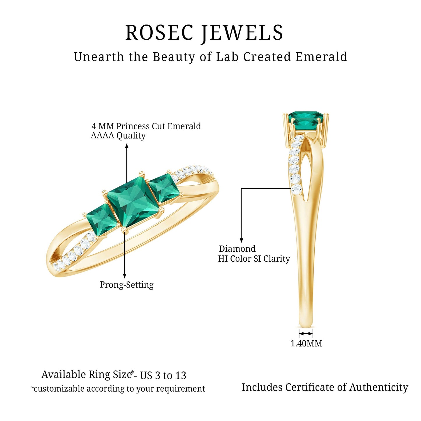 Certified Princess Cut Lab Grown Emerald 3 Stone Promise Ring with Diamond