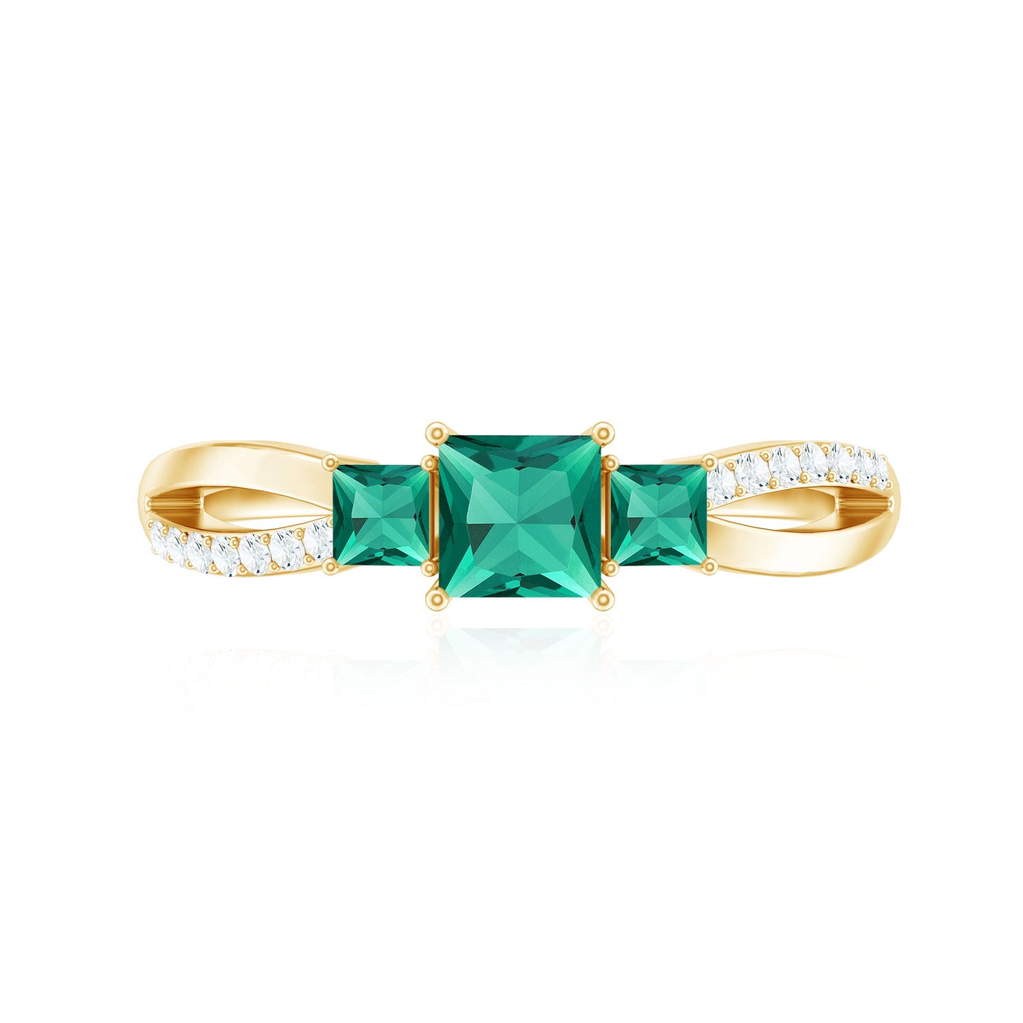 Certified Princess Cut Lab Grown Emerald 3 Stone Promise Ring with Diamond