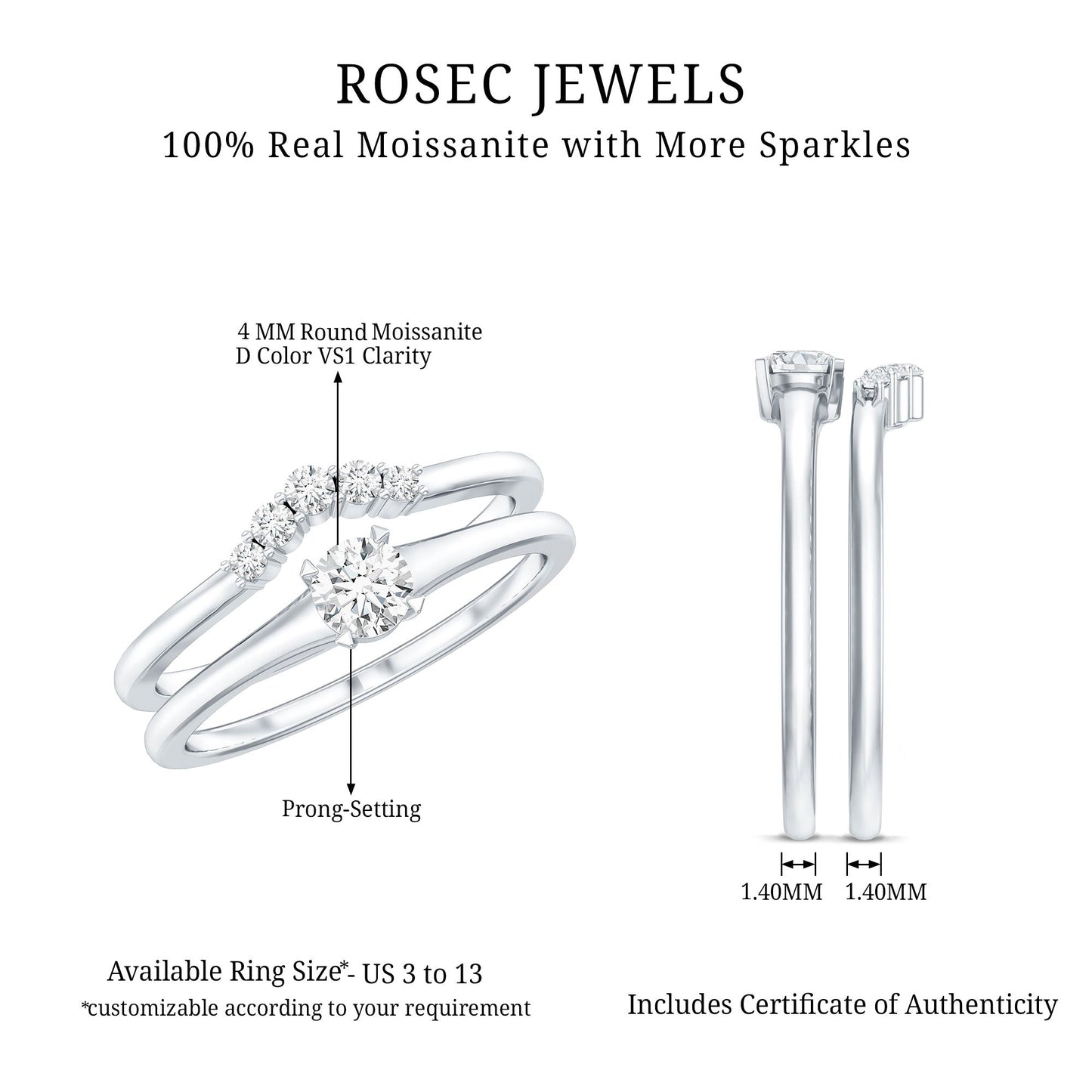 Round Cut Moissanite Engagement Ring with Wedding Band