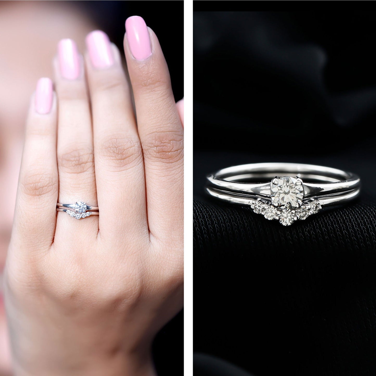 Round Cut Moissanite Engagement Ring with Wedding Band