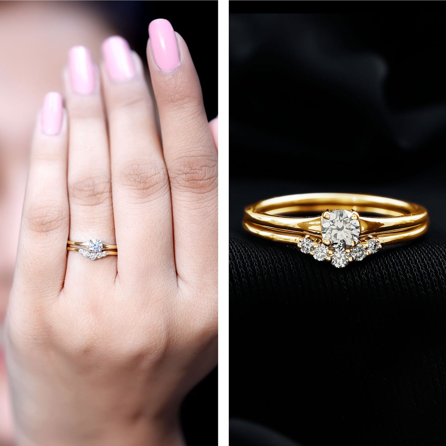 Round Cut Moissanite Engagement Ring with Wedding Band