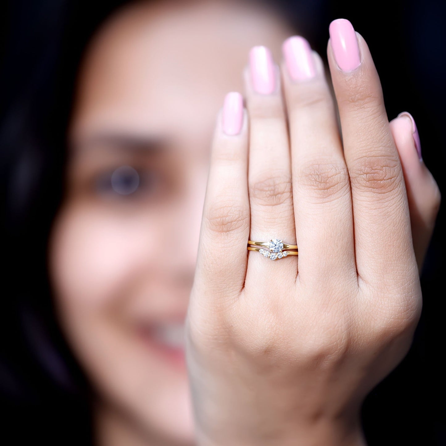 Round Cut Moissanite Engagement Ring with Wedding Band