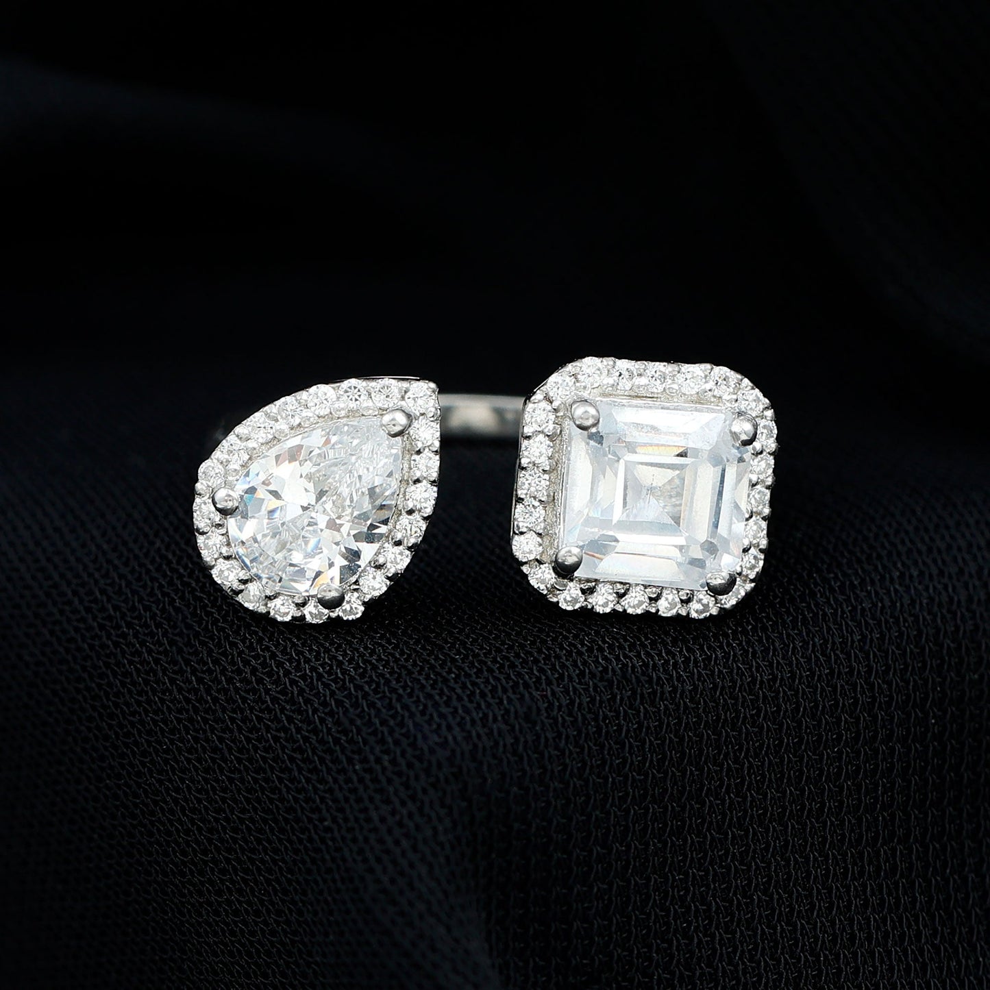 Asscher and Pear Cut Moissanite Two Stone Engagement Ring