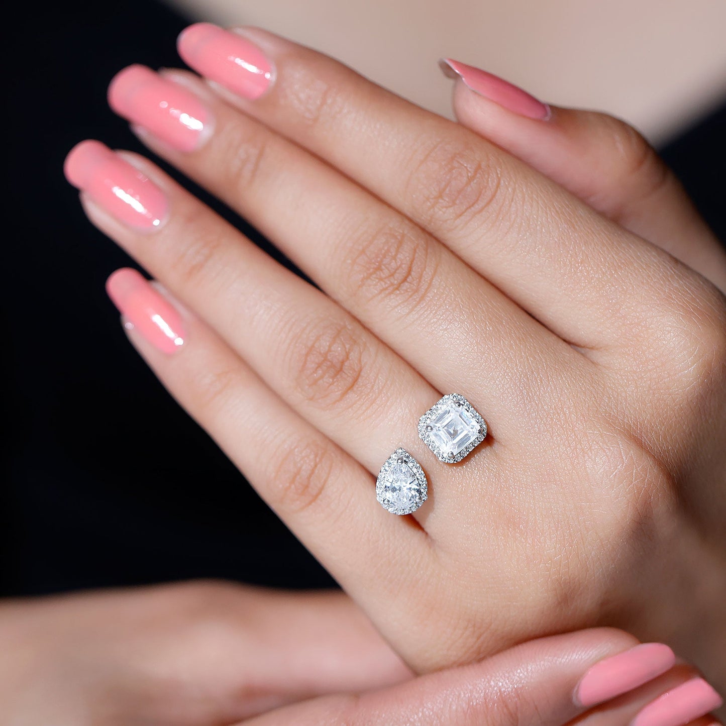 Asscher and Pear Cut Moissanite Two Stone Engagement Ring