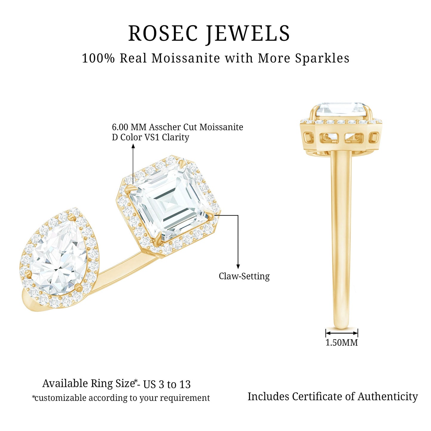 Asscher and Pear Cut Moissanite Two Stone Engagement Ring