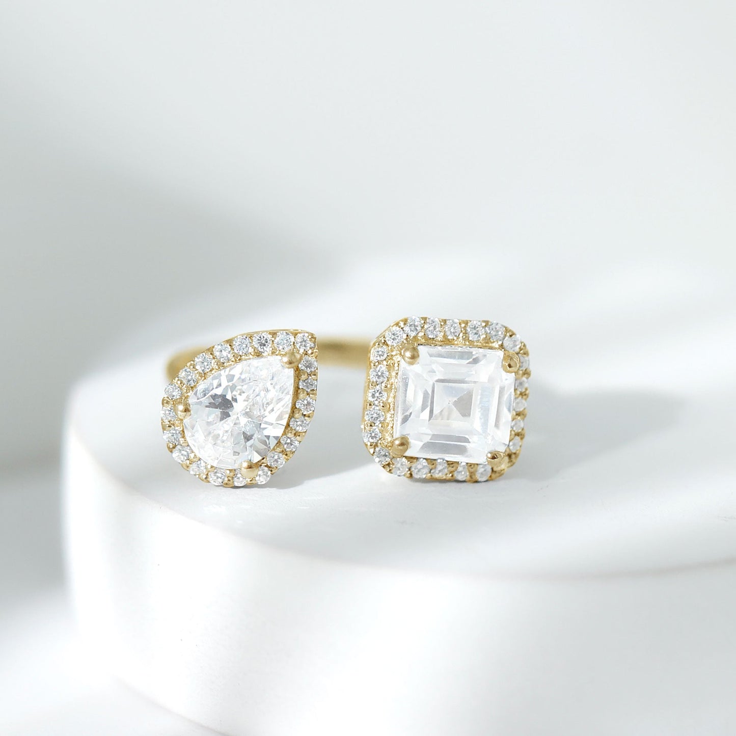Asscher and Pear Cut Moissanite Two Stone Engagement Ring