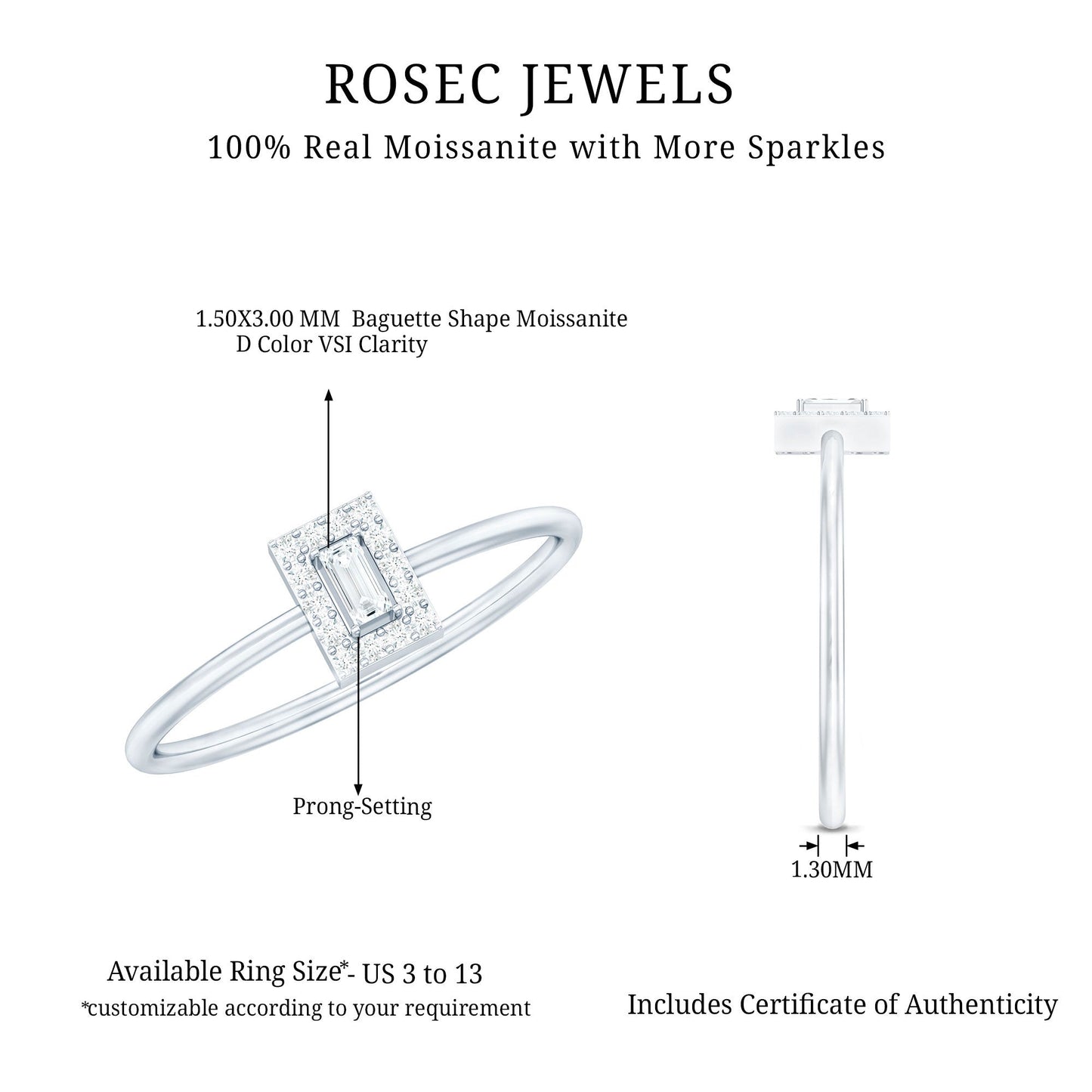 Dainty Baguette Cut Moissanite Promise Ring with Halo