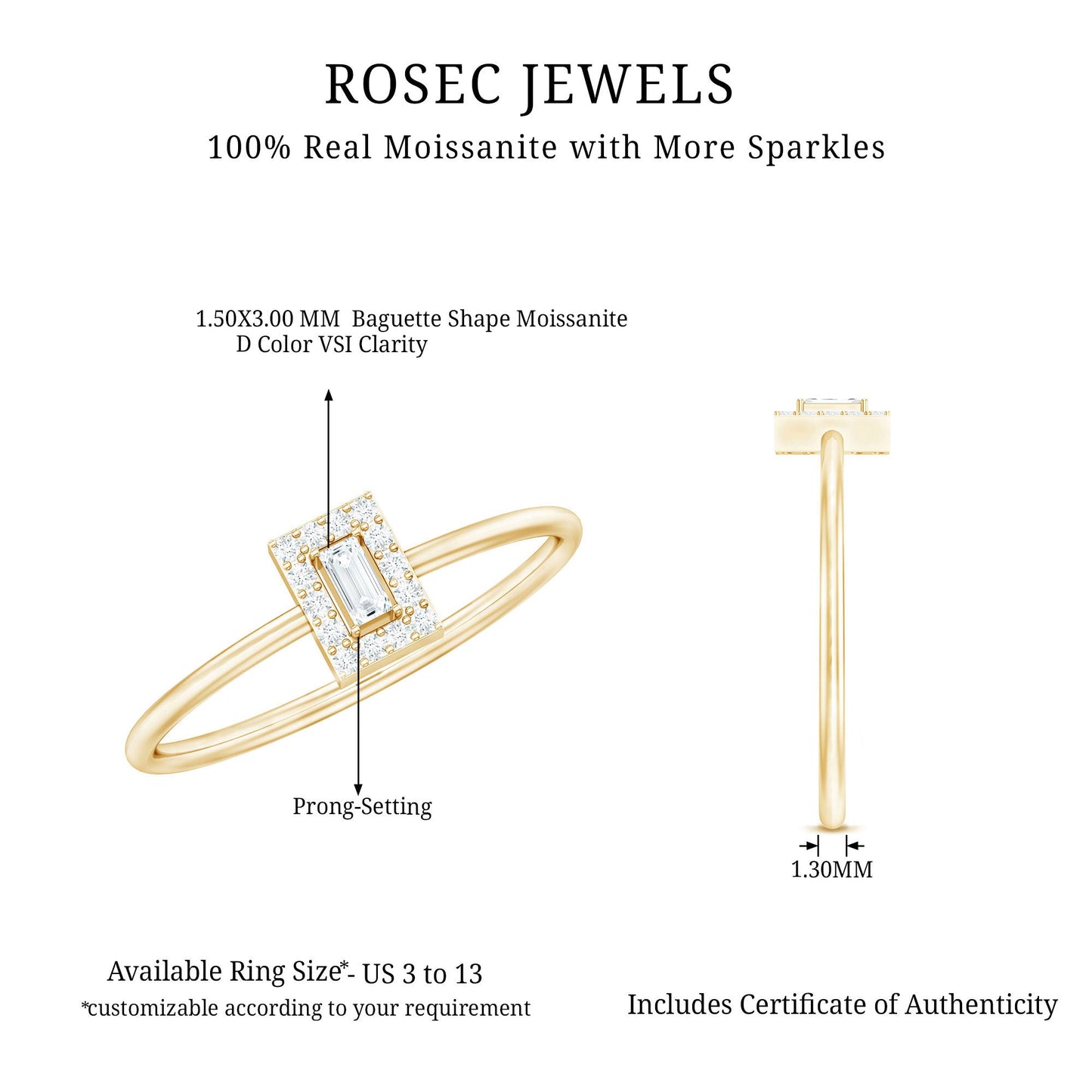 Dainty Baguette Cut Moissanite Promise Ring with Halo