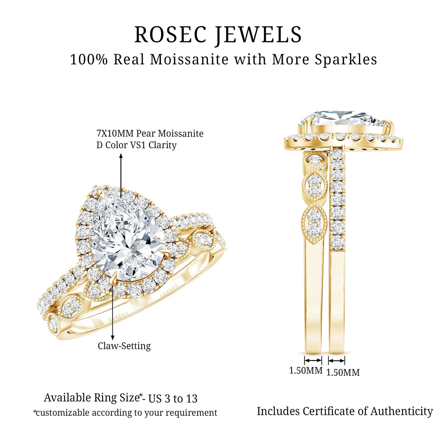 Certified Moissanite Teardrop Engagement Ring Set