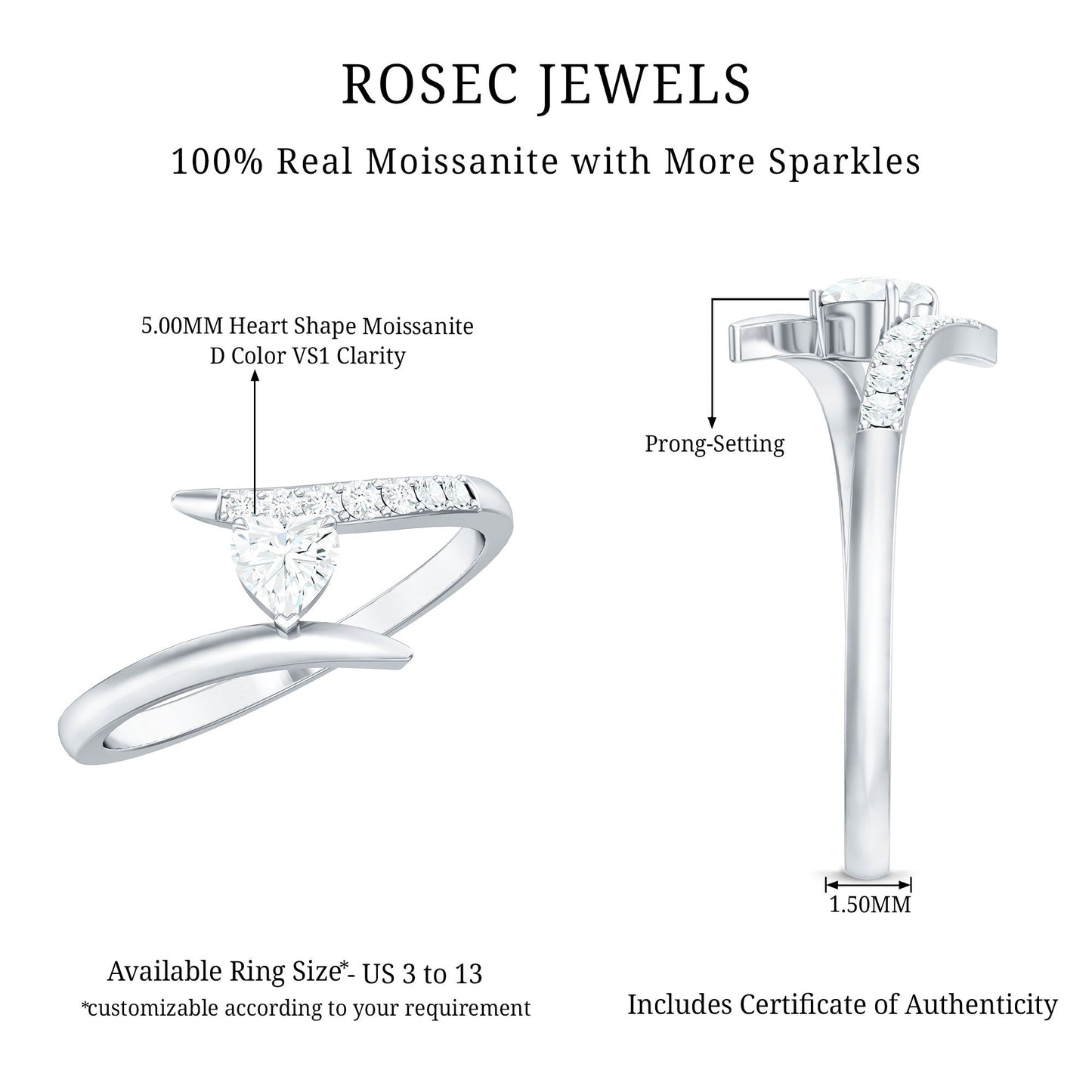 Certified Moissanite Heart Promise Ring in Bypass Shank