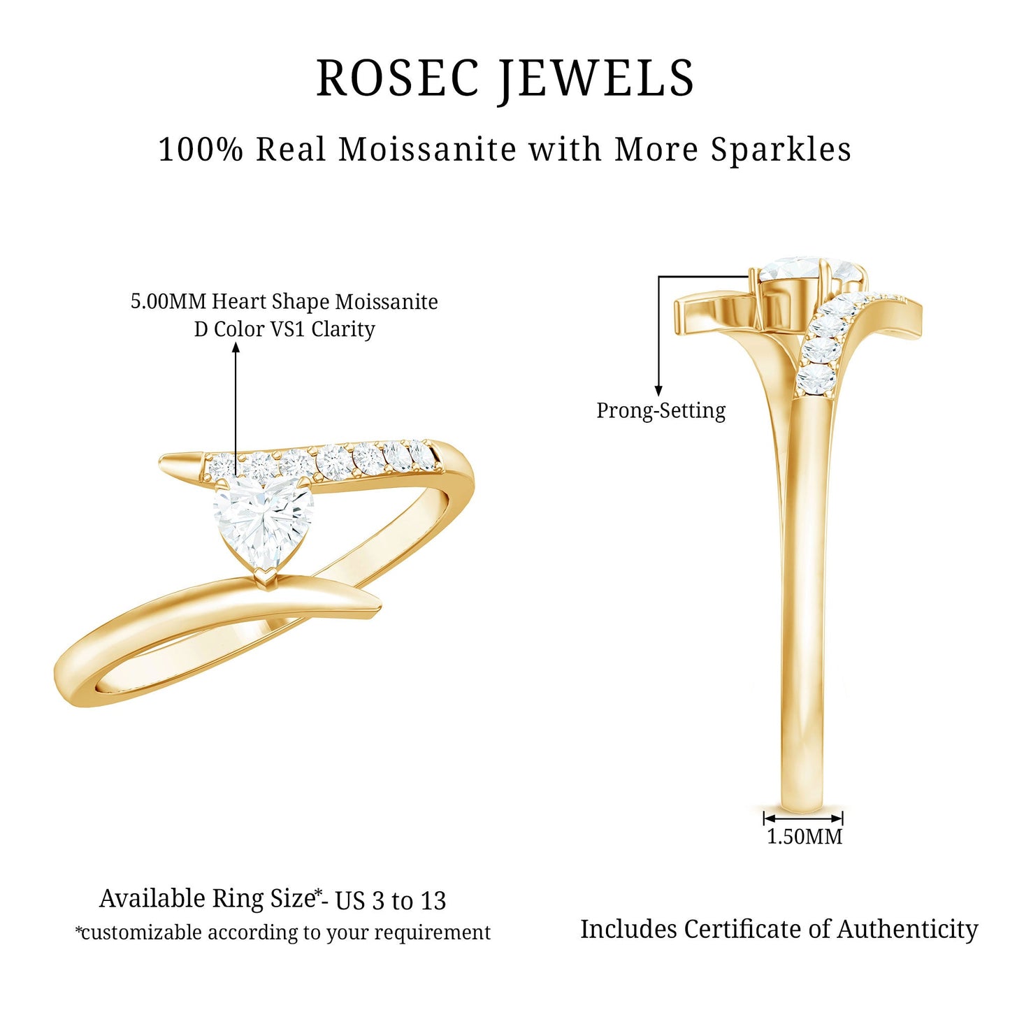Certified Moissanite Heart Promise Ring in Bypass Shank