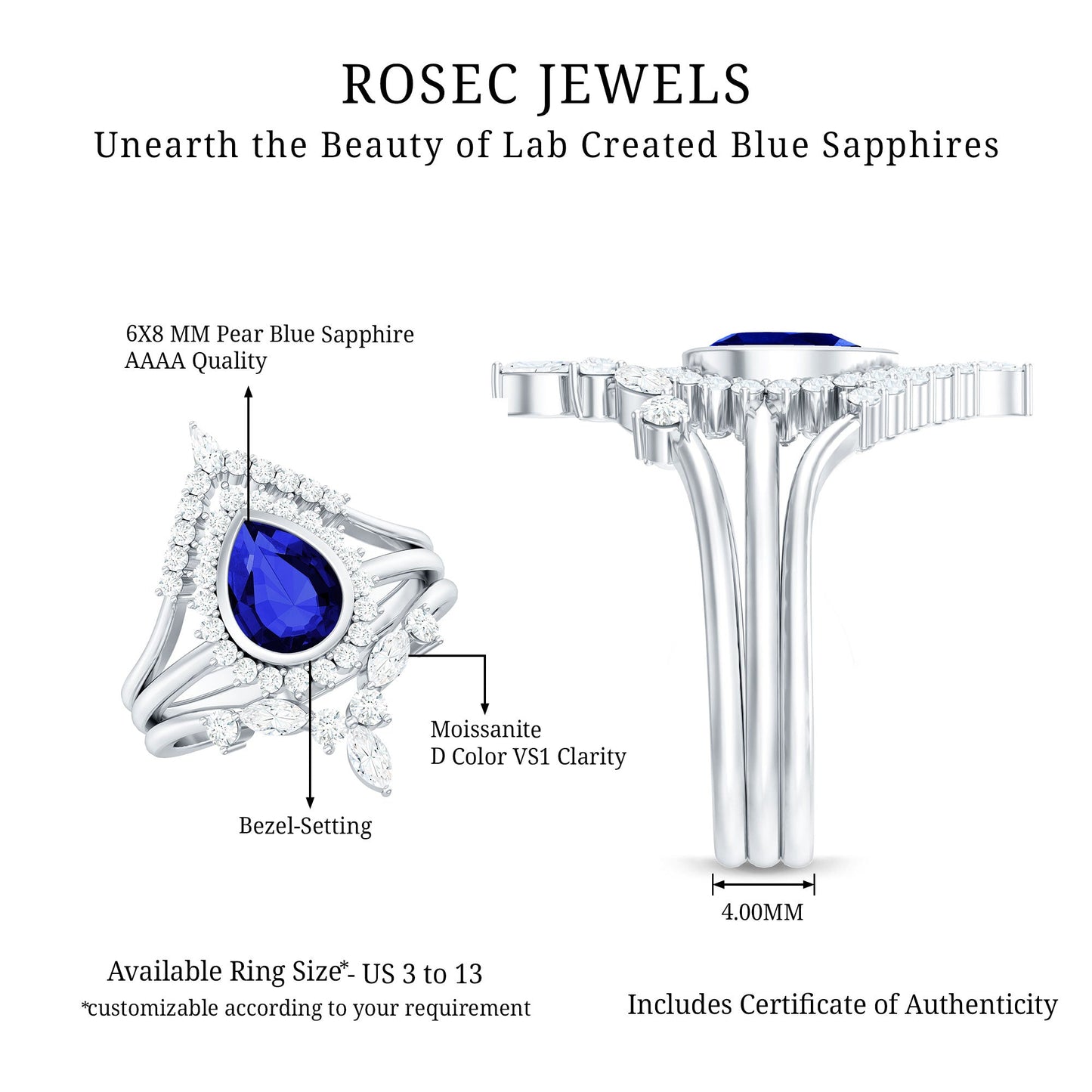 Vintage Looking 1.6 Carat Lab Grown Blue Sapphire 3 Piece Bridal Ring Set with Moissanite
