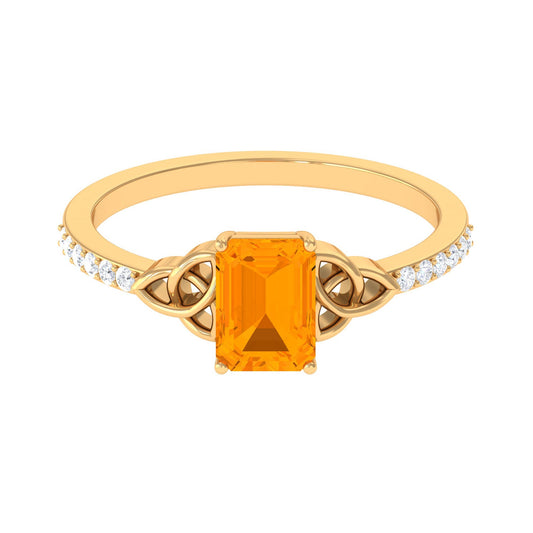 Emerald Cut Solitaire Fire Opal Celtic Knot Engagement Ring with Diamond